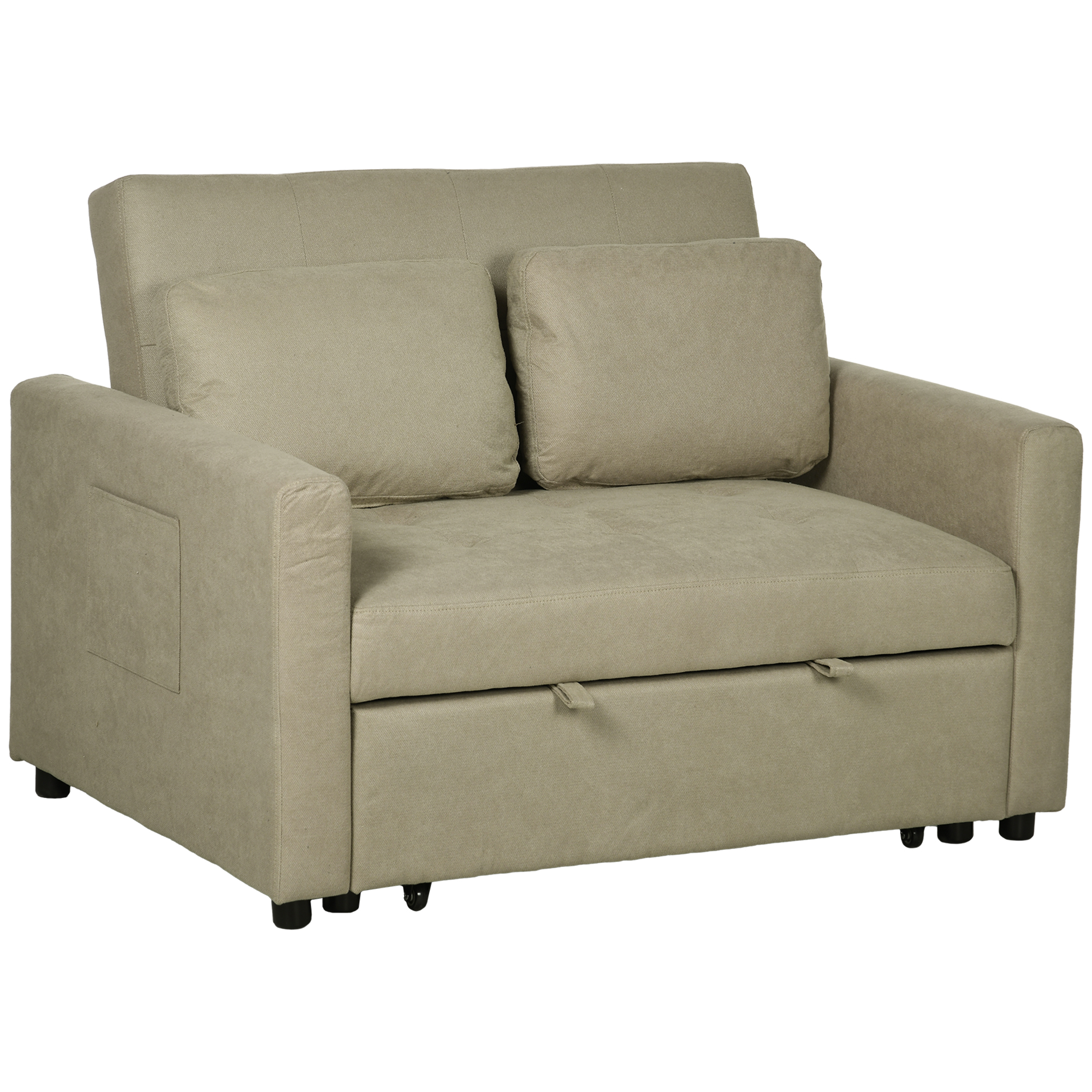 Loveseat Sofa Bed, Convertible Bed Settee with 2 Cushions, Side Pockets for Living Room, Light Brown - Life Essentials