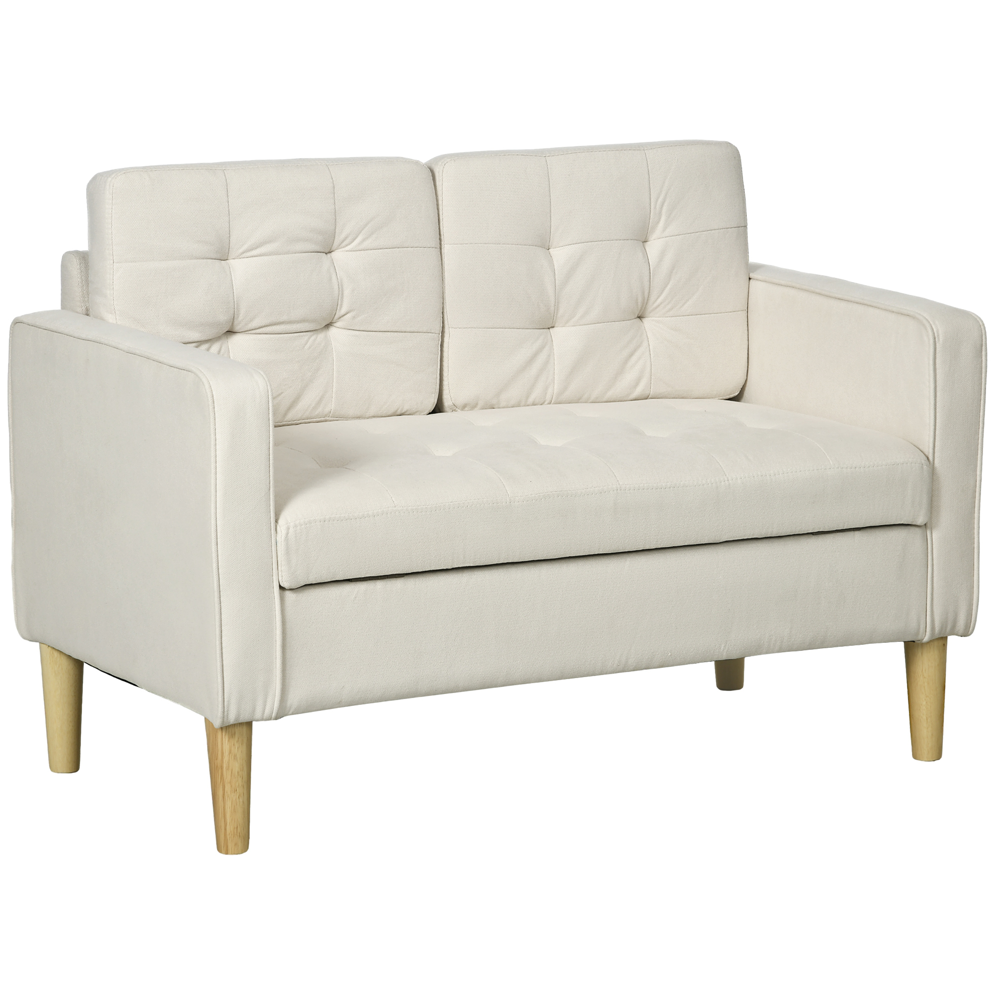 Modern Loveseat Sofa, Compact 2 Seater Sofa with Hidden Storage, 117cm Tufted Cotton Couch with Wood Legs, Cream White - Life Essentials