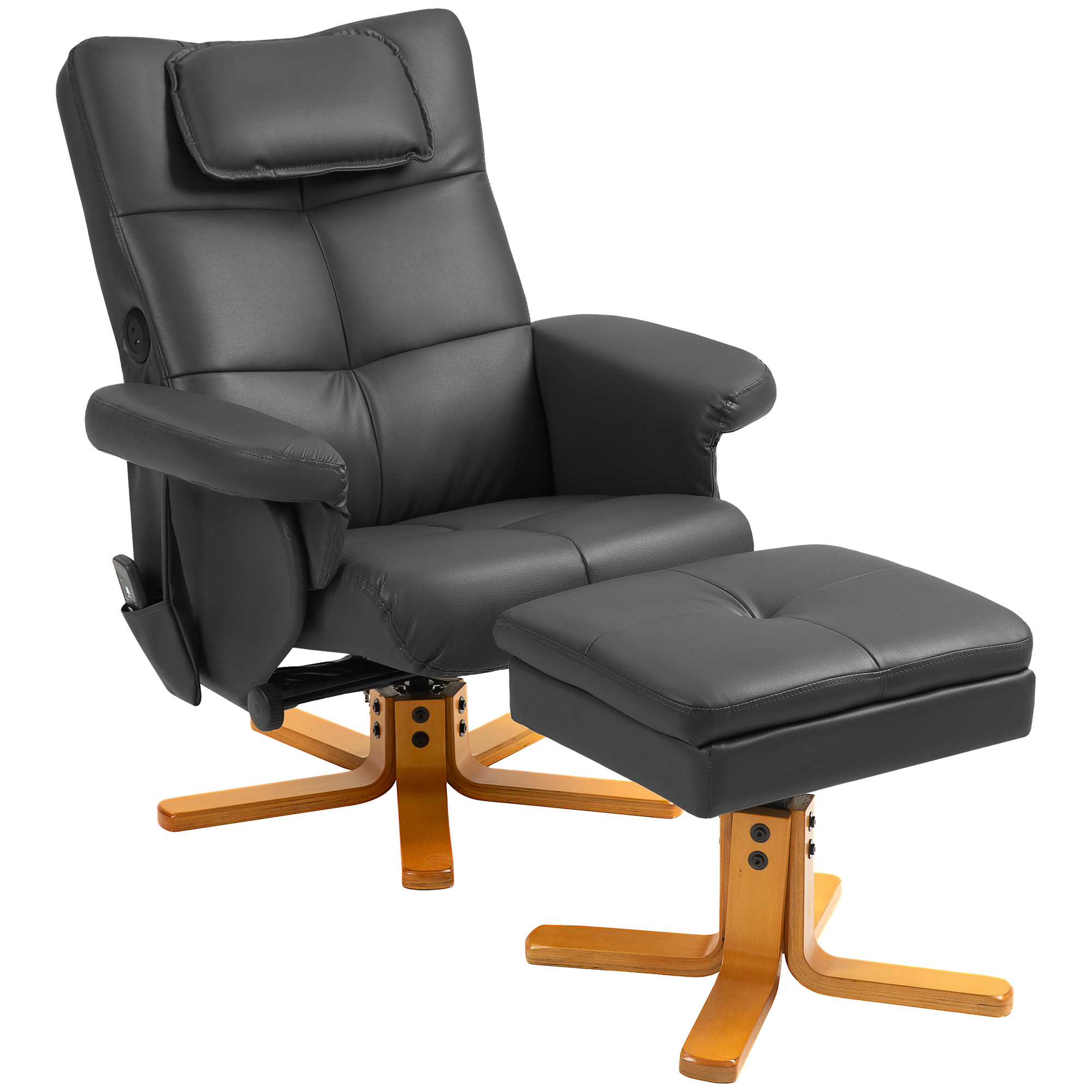 HERON Faux Leather Massage Recliner Chair, with Storage Ottoman - Black - Life Essentials