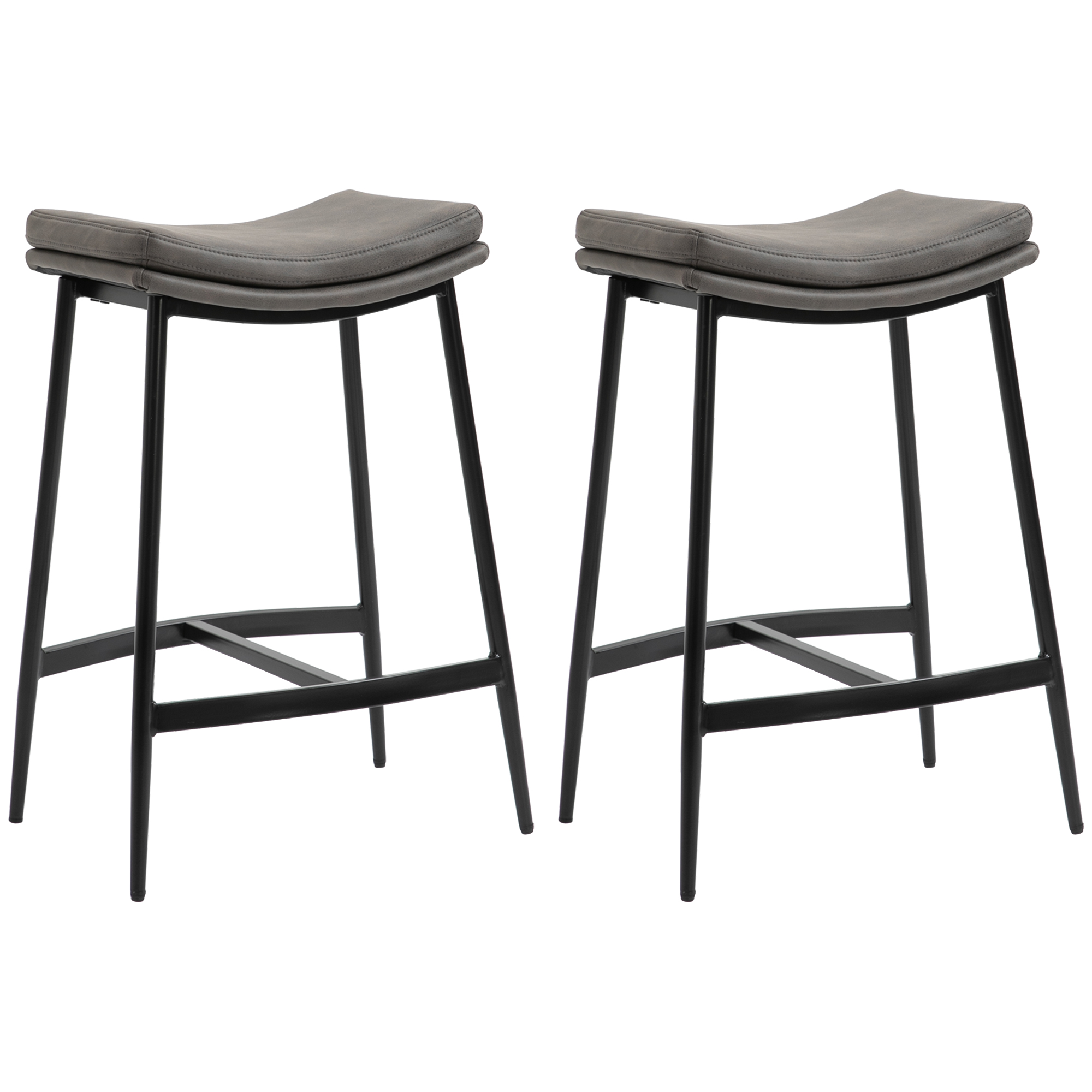 Kitchen Stools Set of 2, Microfibre Upholstered Barstools, Industrial Bar Chairs with Curved Seat and Steel Frame - Life Essentials
