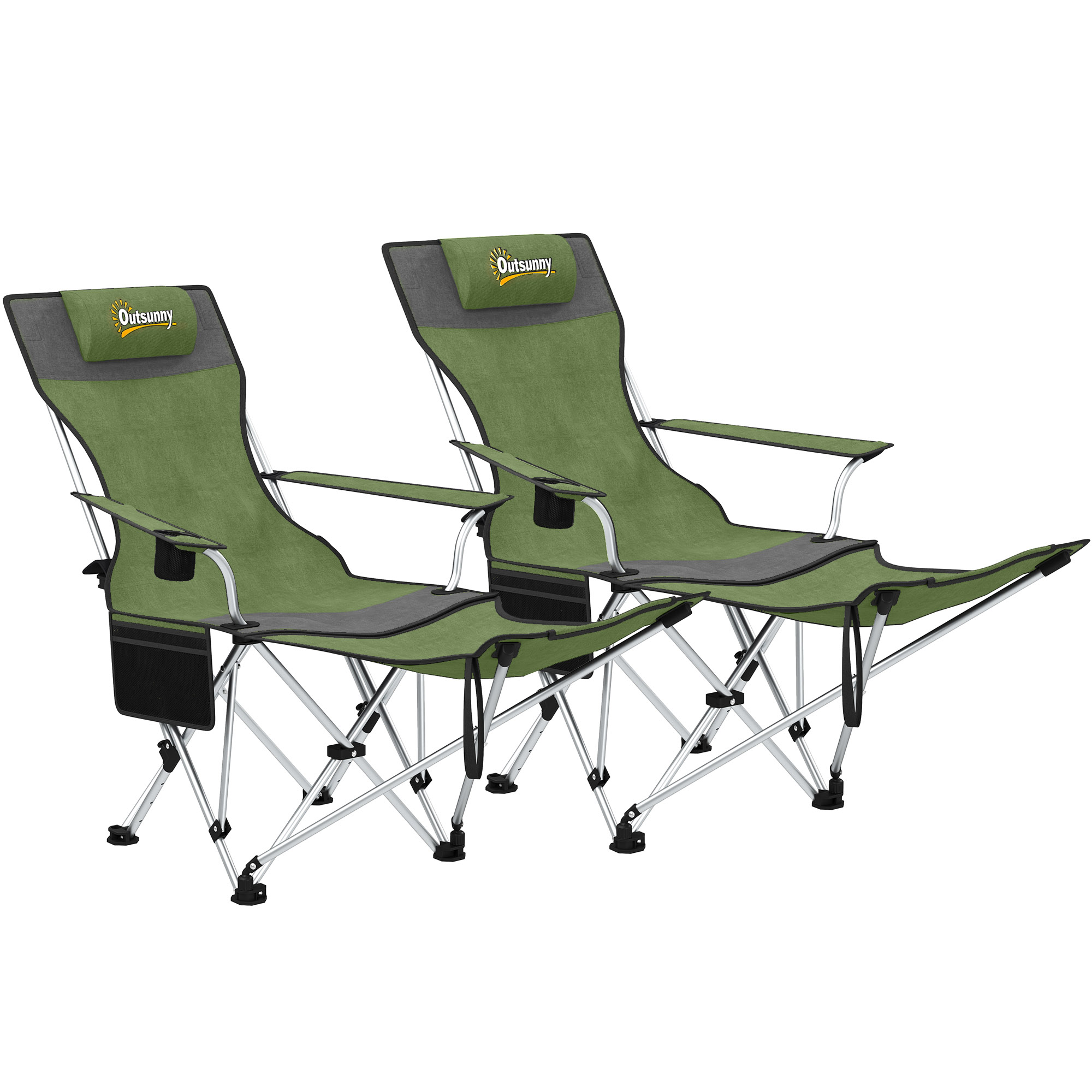 SUNVISTA Reclining Folding Camping Chairs Set of 2, Footrest, Cup Holder & Storage Bag, Olive Green/Grey - Life Essentials