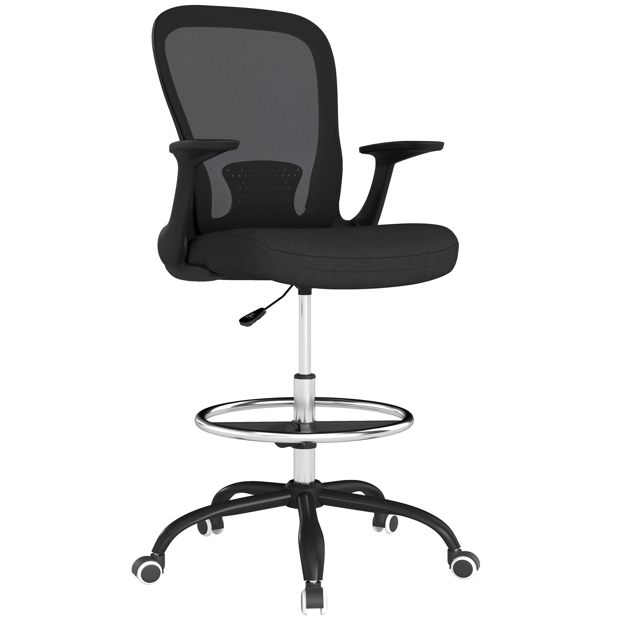 HERON Draughtsman Chair, Mesh Drafting Chair, Ergonomic Office Chair with Flip-up Armrest, Adjustable Foot Ring, Black - Life Essentials
