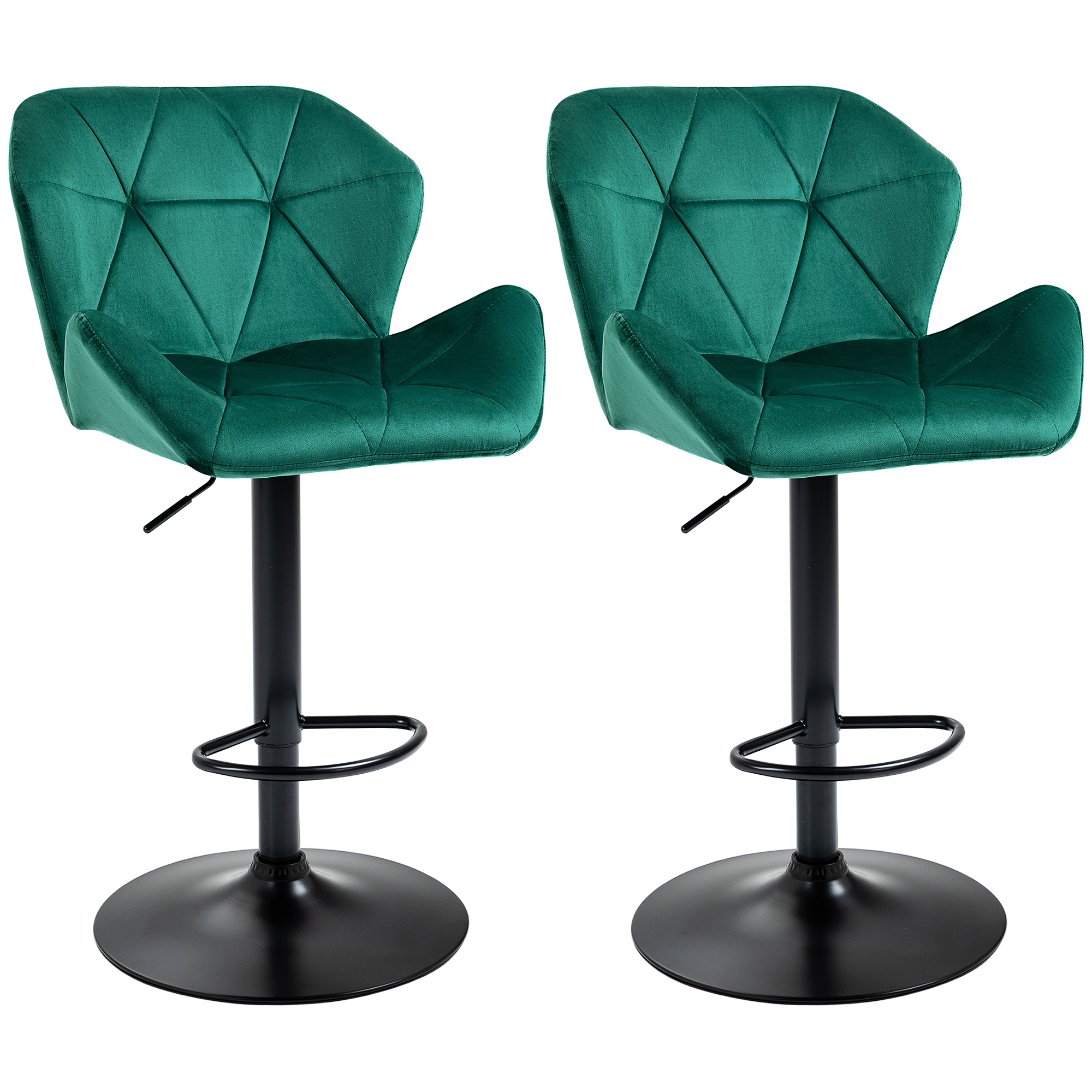 Bar Stools Set Of 2, Luxurious Velvet-Touch Barstools with Metal Frame Footrest Round Base Triangle Indenting Adjustable Height Swivel Green - Life 