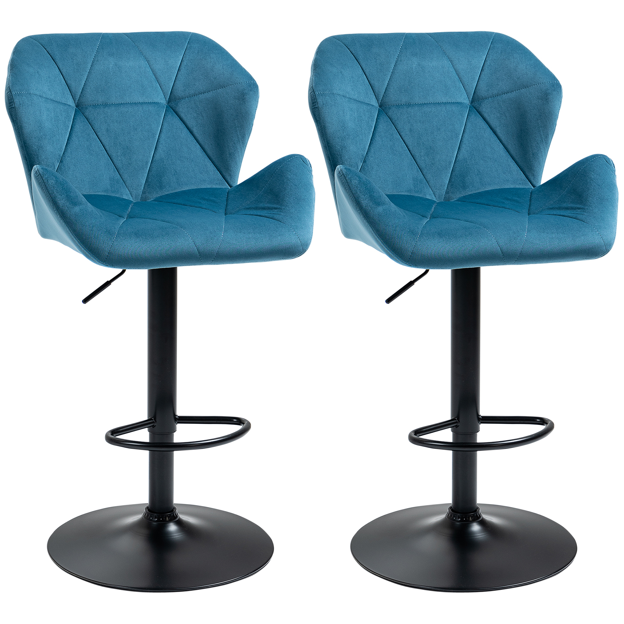 Bar Stools Set Of 2 Luxurious Velvet-Touch Barstools w/ Metal Frame Footrest Round Base Triangle Indenting Moulded Seat Adjustable Height Blue - Life 