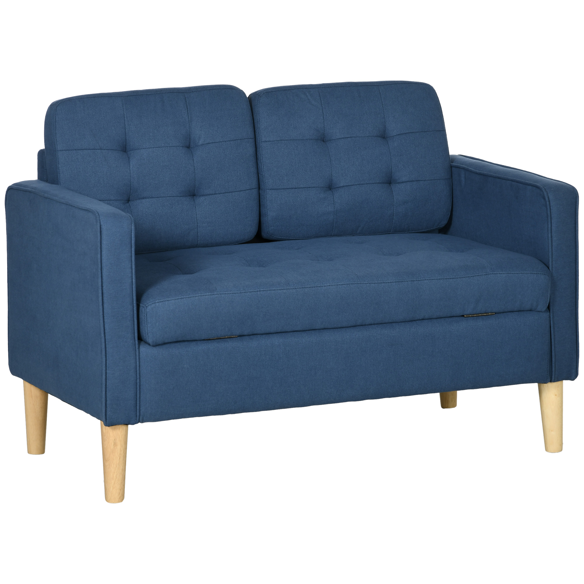 Modern Loveseat Sofa, Compact 2 Seater Sofa with Hidden Storage, 117cm Tufted Cotton Couch with Wood Legs, Blue - Life Essentials