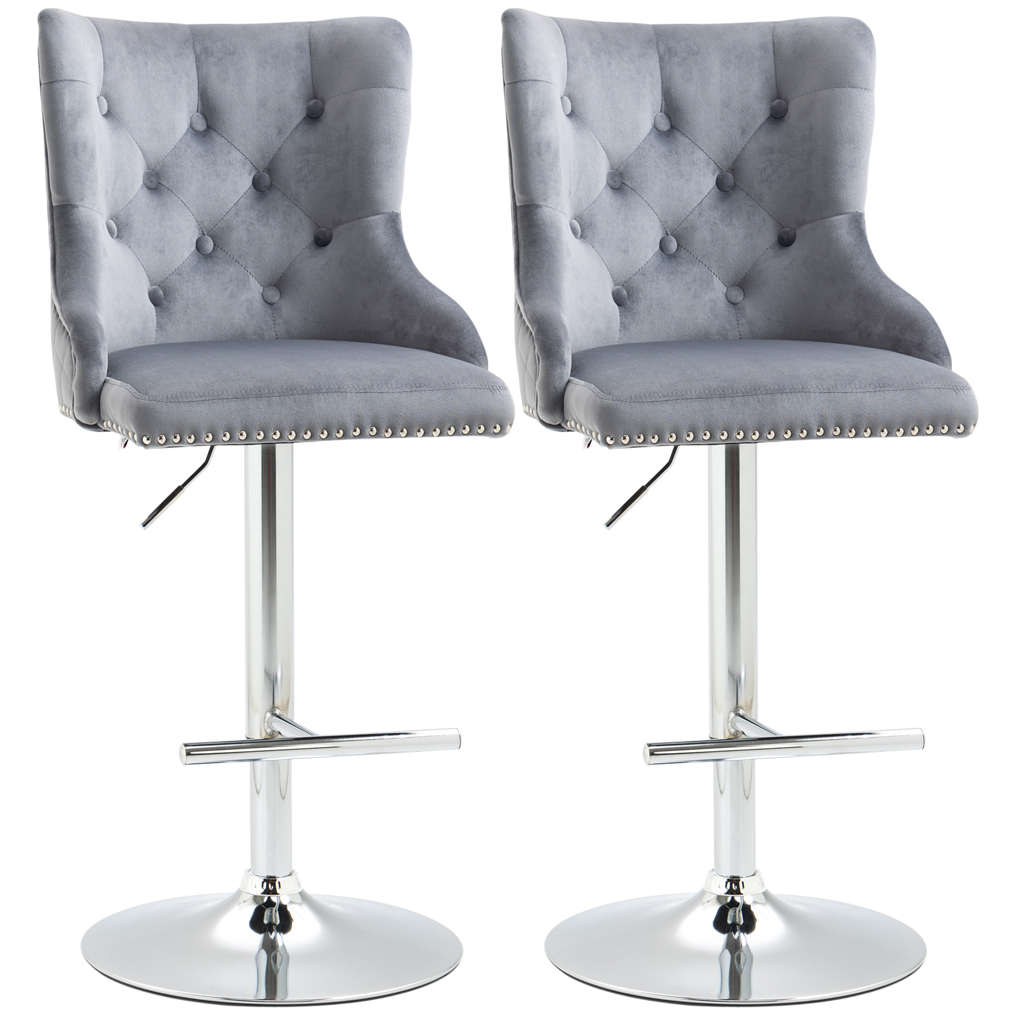 Modern Adjustable Bar Stools Set of 2, Swivel Velvet Barstools with Button Tufted Back, Footrest, Nailhead Trim for Home Bar, Grey - Life Essentials
