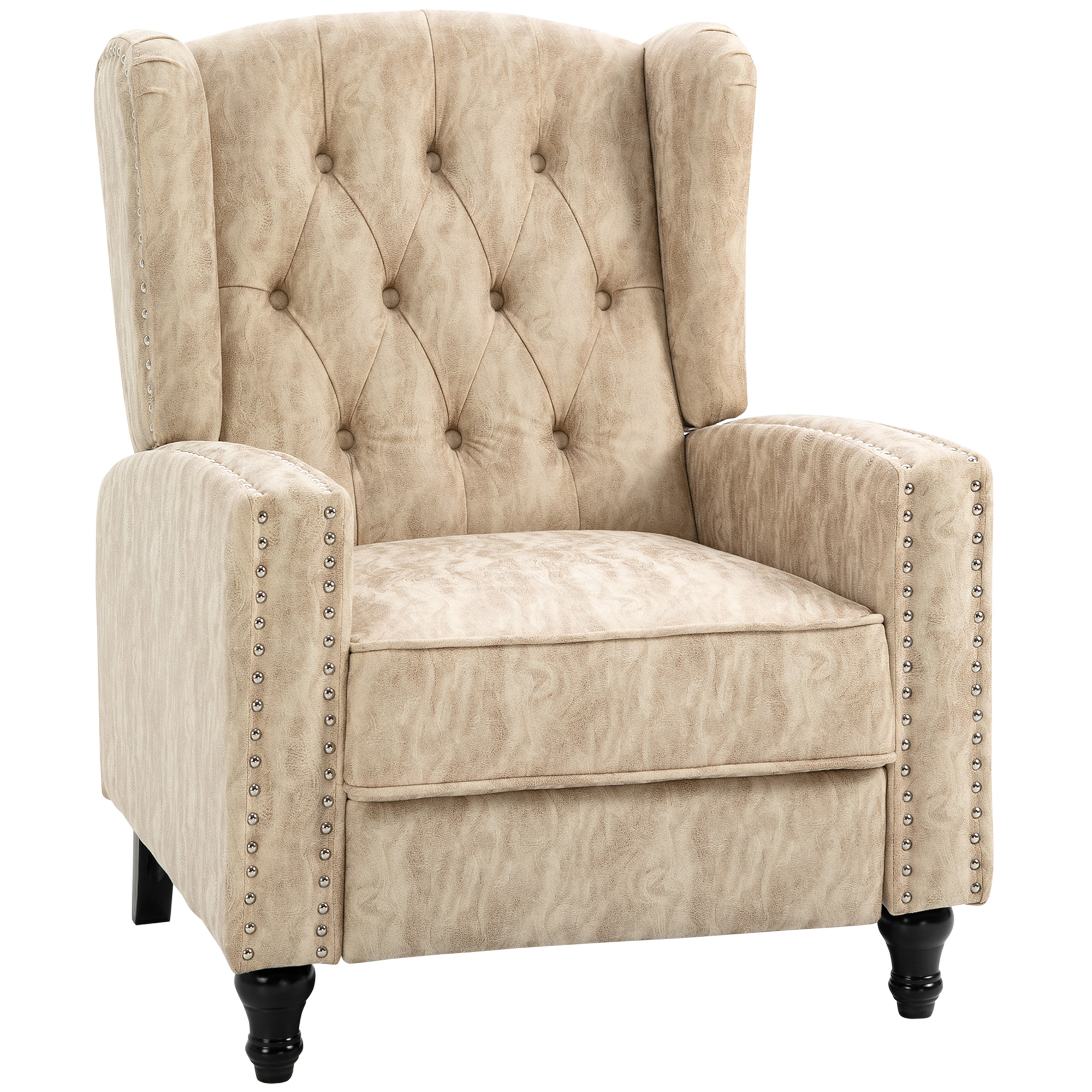 Studded Upholstered Reclining Armchair w/ Retractable Footrest Beige - Life Essentials
