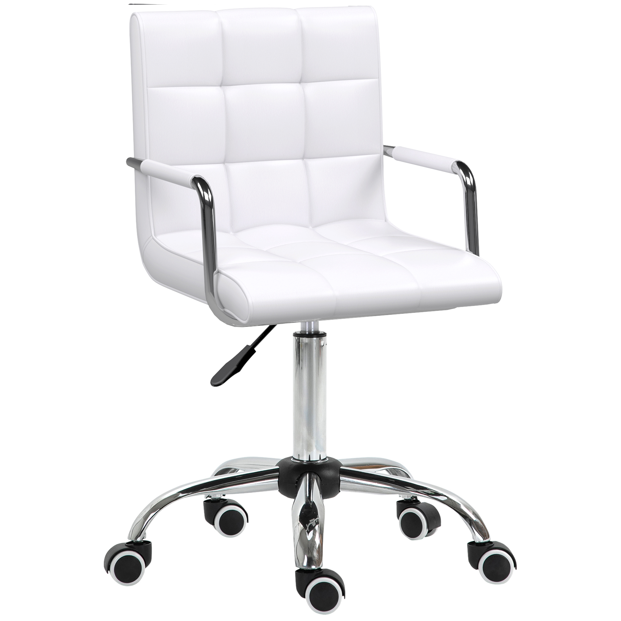 Mid Back PU Leather Home Office Desk Chair Swivel Computer Chair with Arm, Wheels, Adjustable Height, White - Life Essentials