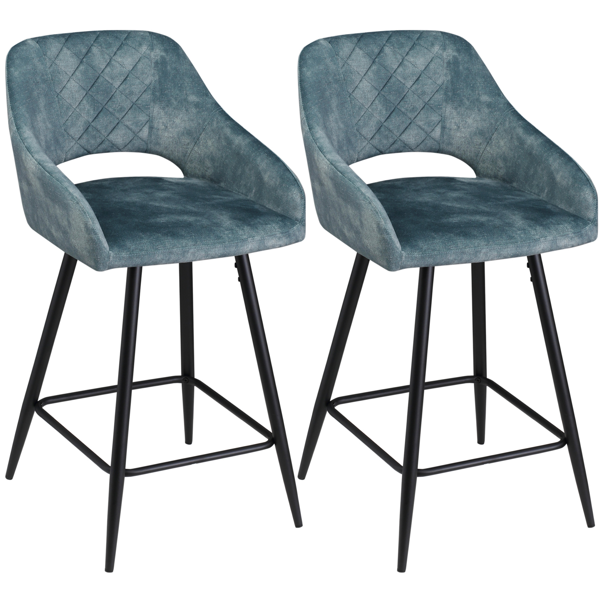 Bar Stools Set of 2, Velvet-Touch Fabric Counter Height Bar Chairs, Kitchen Stools with Steel Legs for Dining Area Blue - Life Essentials