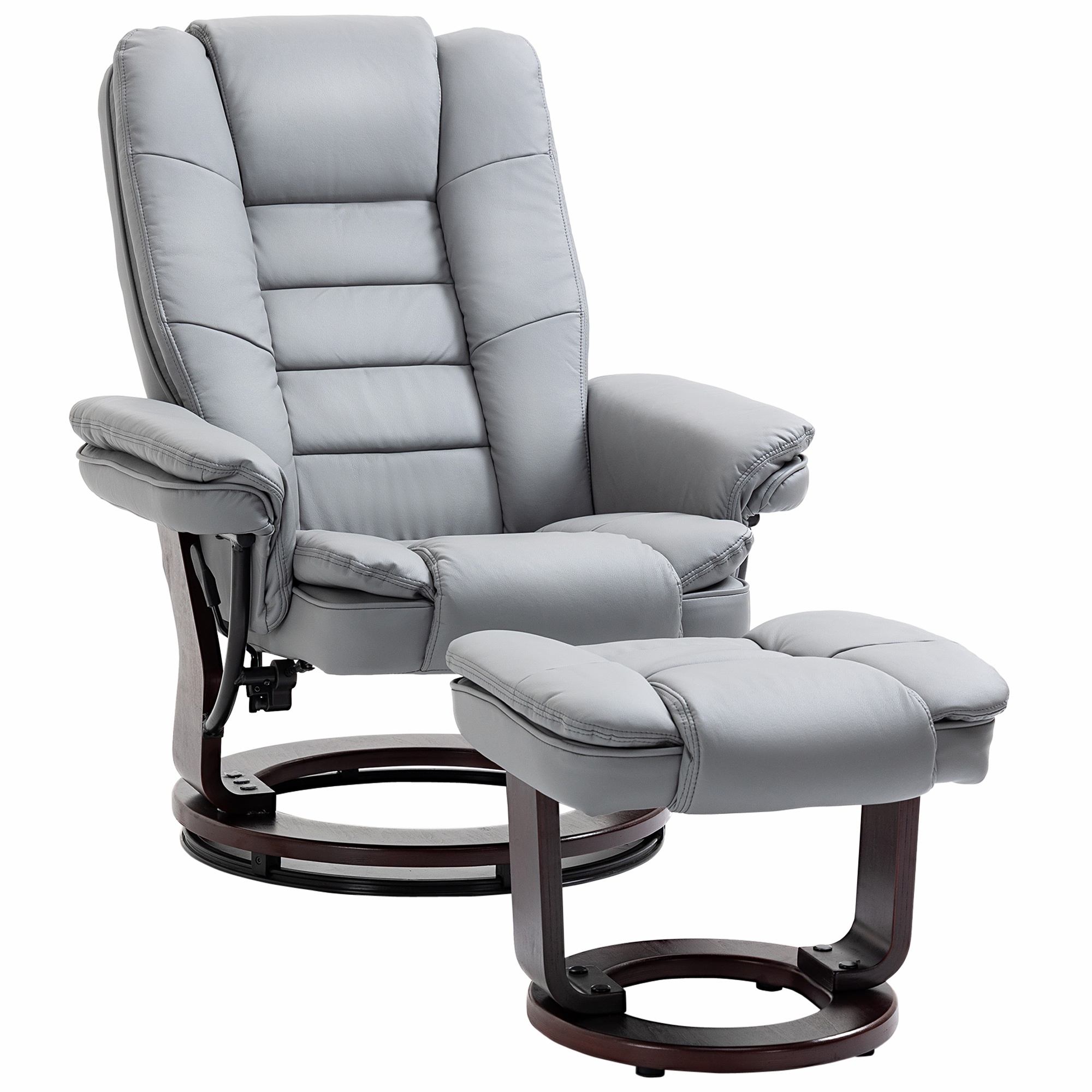 Manual Recliner and Footrest Set PU Leather Leisure Lounge Chair Armchair with Swivel Wood Base, Grey - Life Essentials