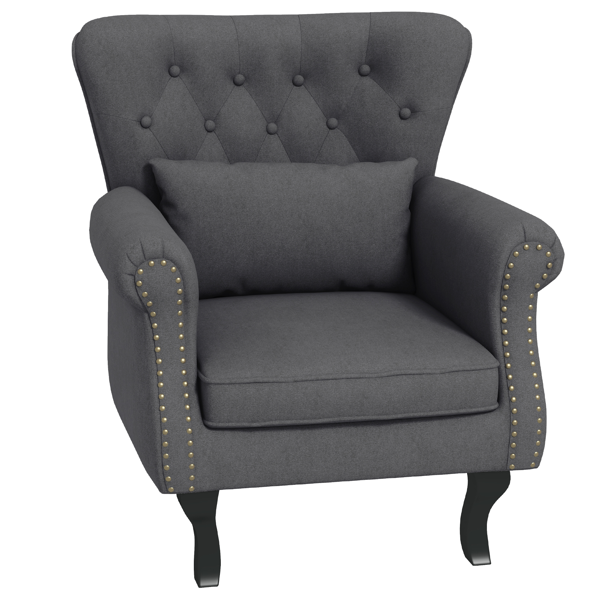 Chesterfield-style Accent Chair, Tufted Wingback Armchair with Pillow, Naihead Trim for Living Room, Bedroom, Dark Grey - Life Essentials