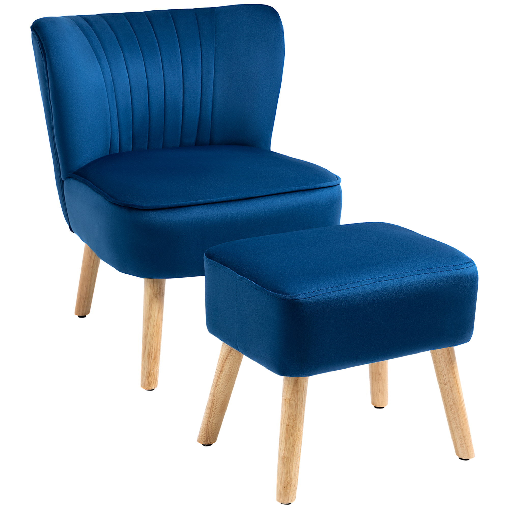 Velvet Accent Chair Occasional Tub Seat Padding Curved Back w/ Ottoman Wood Frame Legs Home Furniture, Dark Blue - Life Essentials