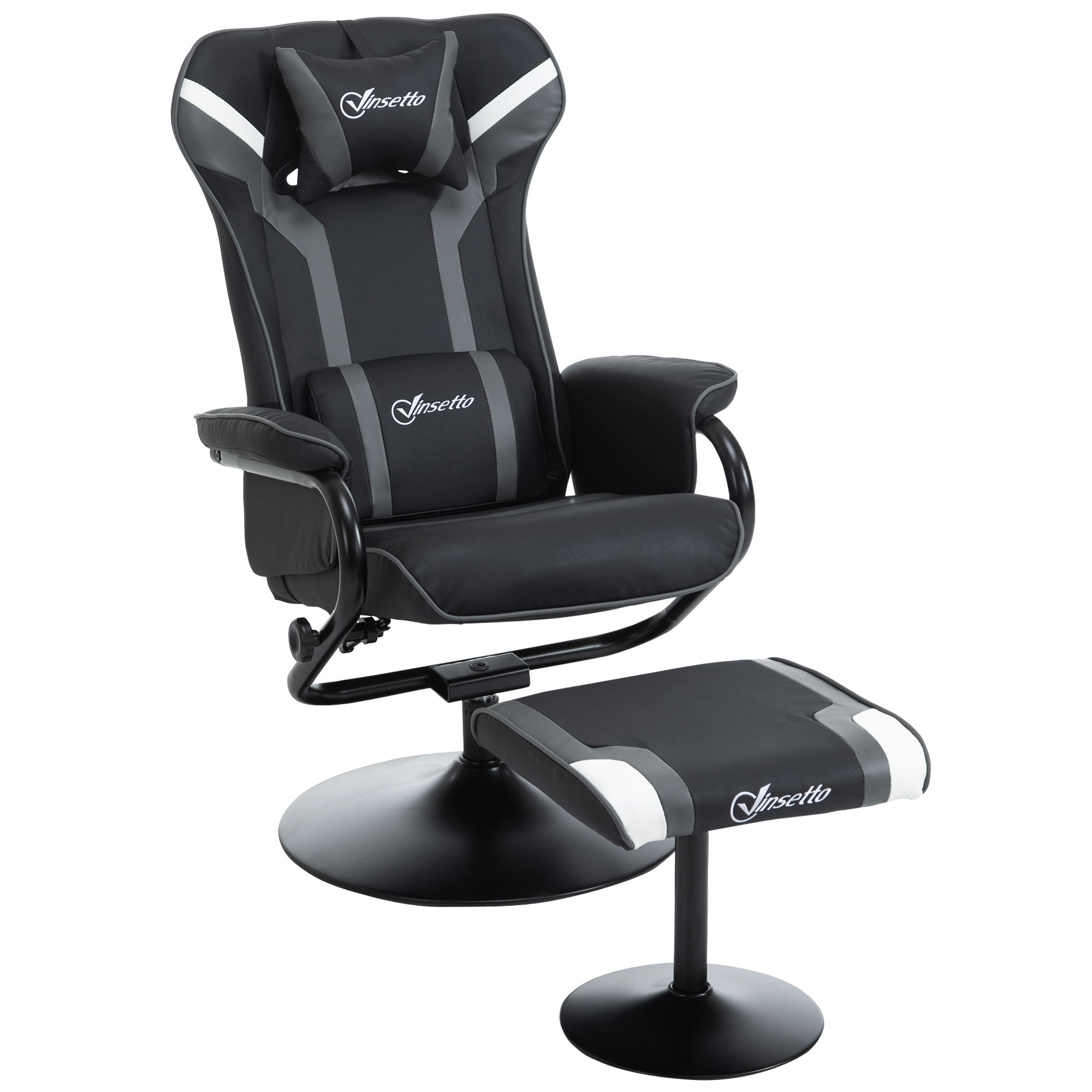 Vinsetto 2 Pieces Video Game Chair and Footrest Set Racing Style Recliner w/Headrest, Lumbar Support Reeling Backrest Pedestal Base Black Deep Grey - 