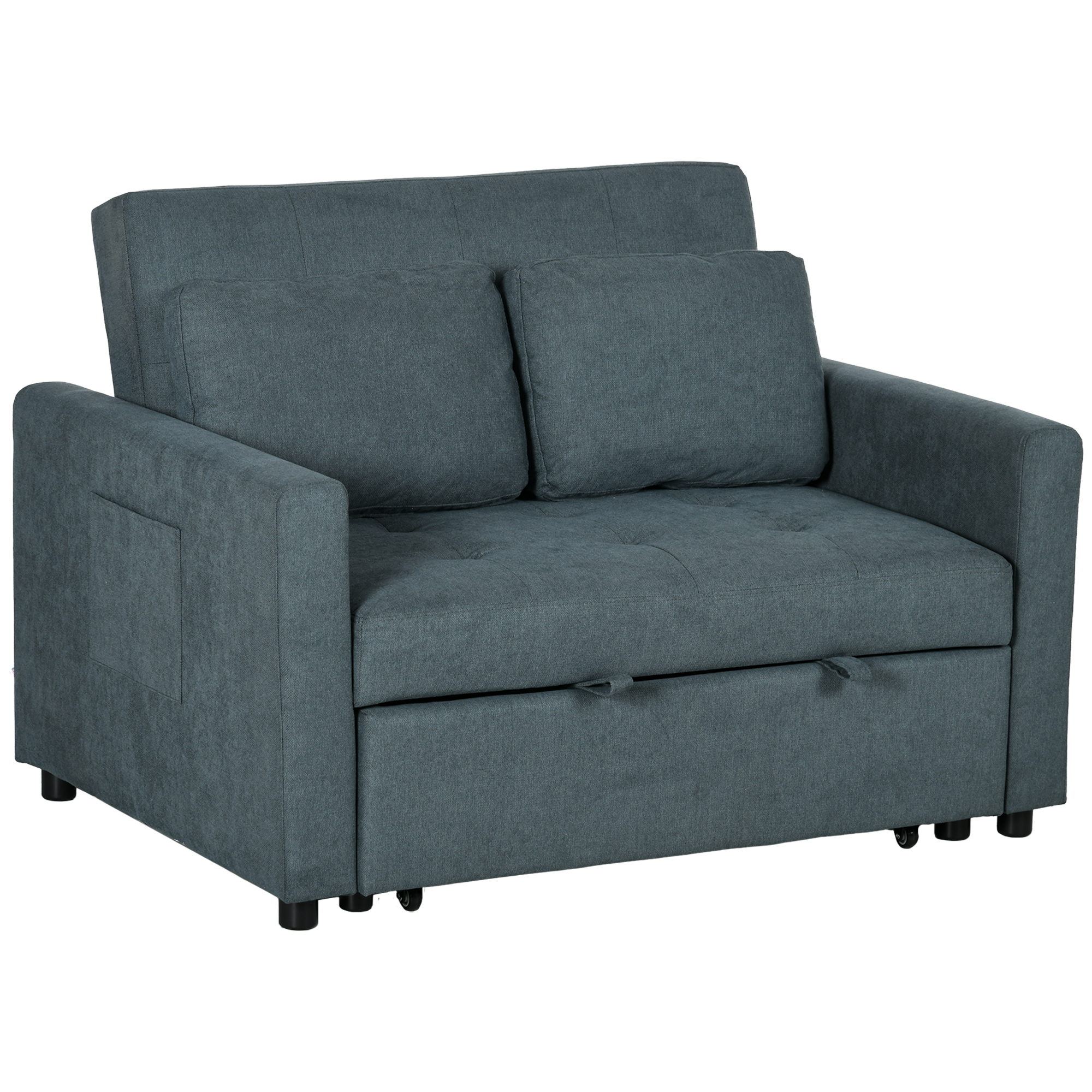 Loveseat Sofa Bed, Convertible Bed Settee with 2 Cushions, Side Pockets for Living Room, Charcoal Grey - Life Essentials