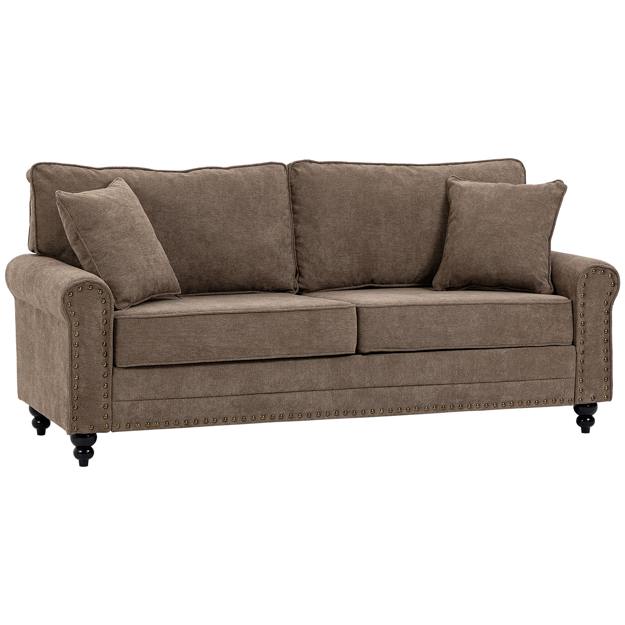 2 Seater Sofas for Living Room, Fabric Sofa with Nailhead Trim, Loveseat with Cushions and Throw Pillows, Brown - Life Essentials