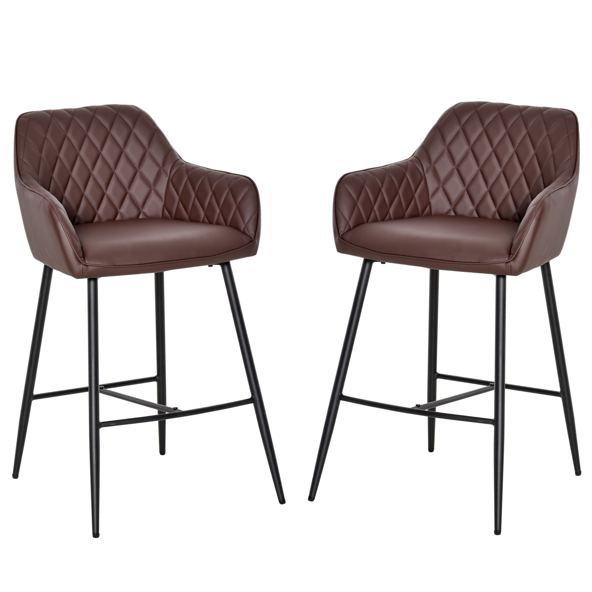Set of 2 Bar stools With Backs Retro PU Leather Bar Chairs w/ Footrest Metal Frame Comfort Support Stylish Dining Seating Home Brown - Life Essentials