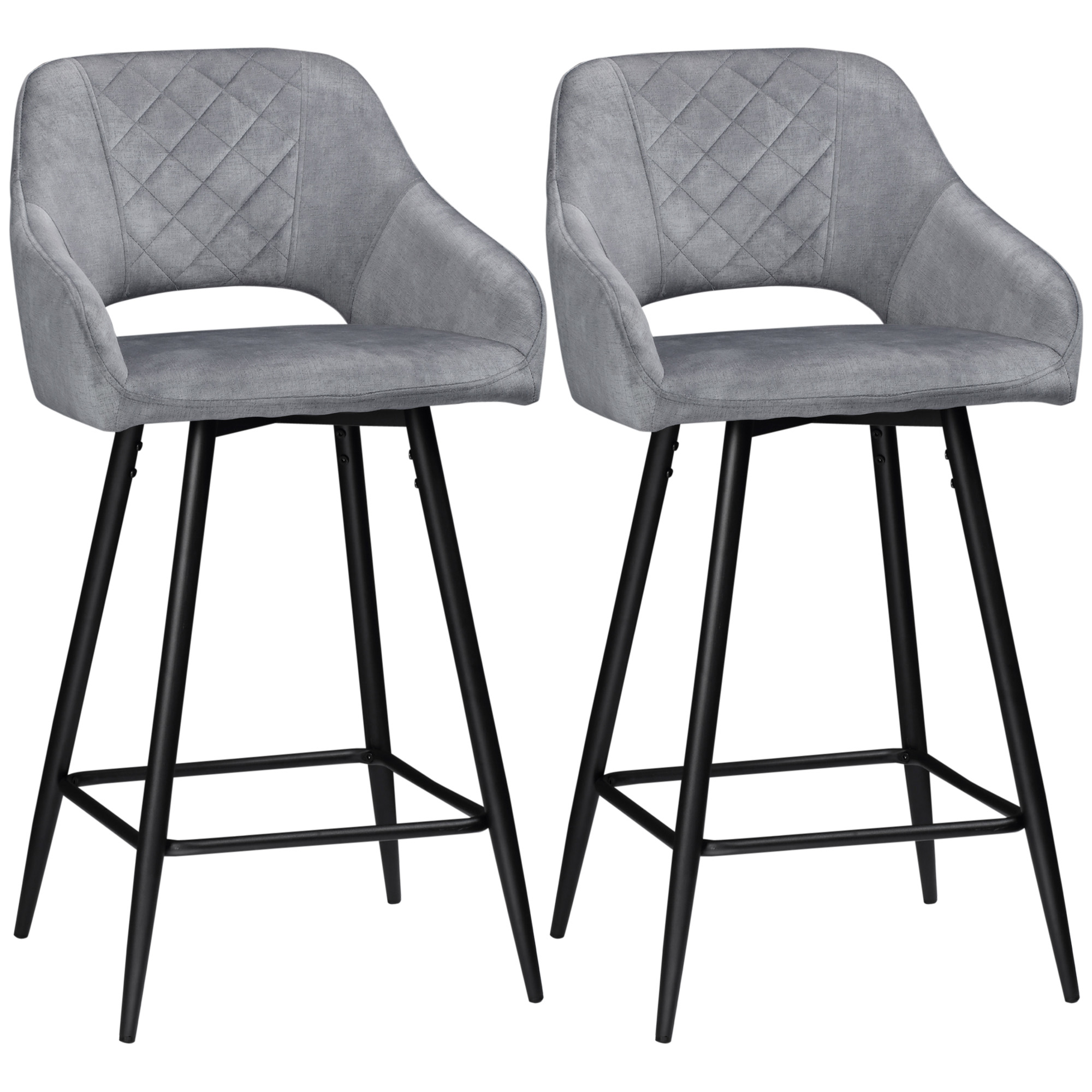 Set of 2 Bar stools With Backs, Velvet-Touch Fabric Counter Height Bar Chairs, Kitchen Stools with Steel Legs for Dining Area, Grey - Life Essentials