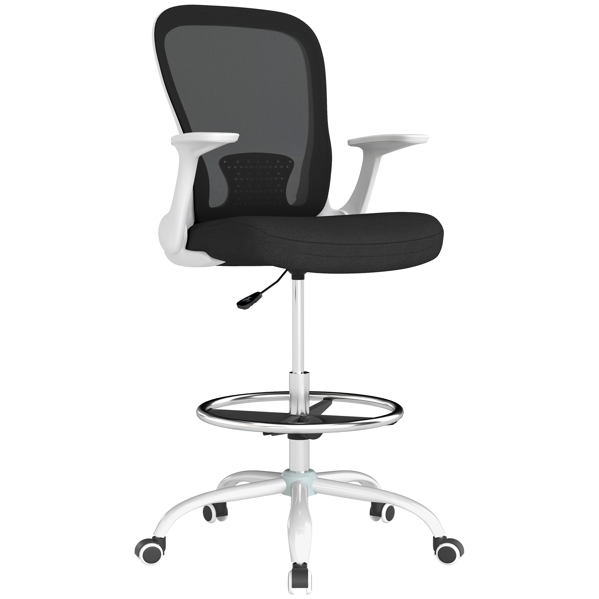 HERON Draughtsman Chair, Mesh Drafting Chair, Ergonomic Office Chair with Flip-up Armrest, Adjustable Foot Ring, Black White - Life Essentials