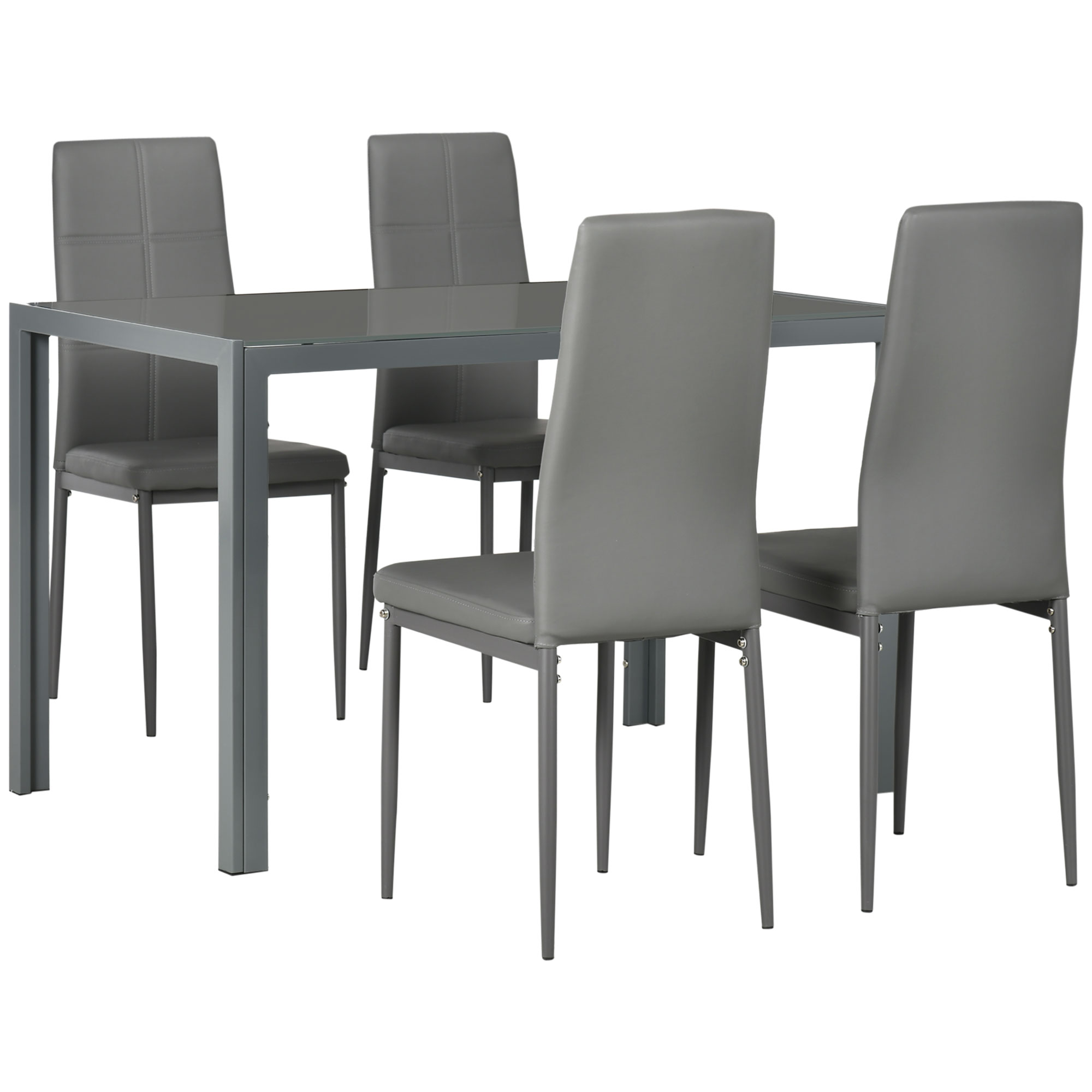 5-Piece Kitchen Dining Table Set with 4 Faux Leather Metal Frame Chairs Glass Tabletop Desk for Dining Room, Kitchen, Dinette, Grey - Life Essentials
