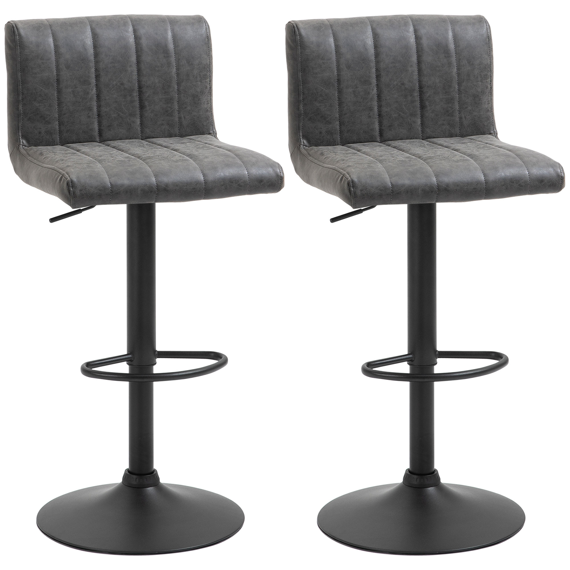 Barstools Set of 2 Adjustable Height Swivel Gas Lift PU Leather Counter Bar Chairs with Footrest, Grey - Life Essentials