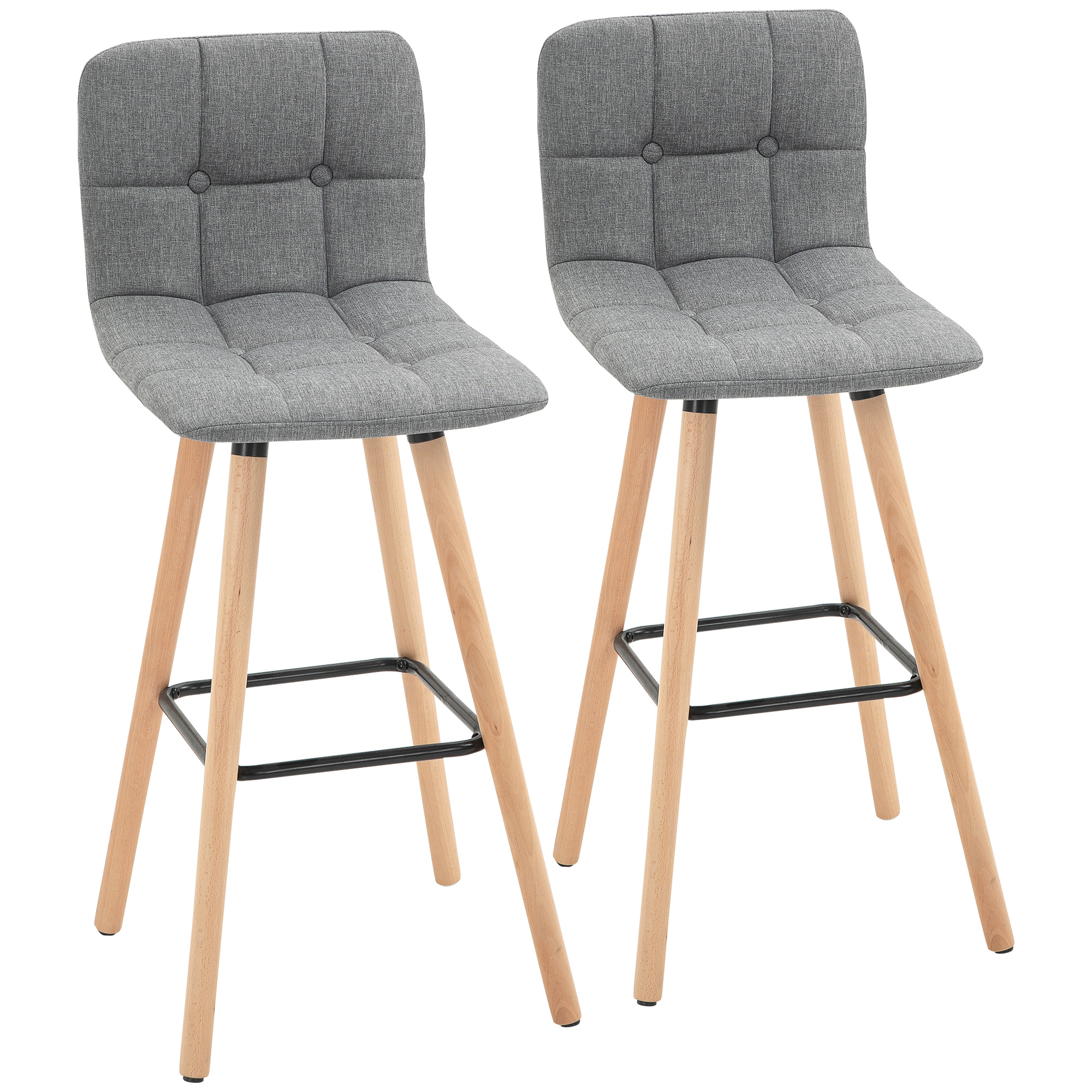 Bar stool Set of 2 Armless Button-Tufted Counter Height Bar Chairs with Wood Legs & Footrest, Grey - Life Essentials