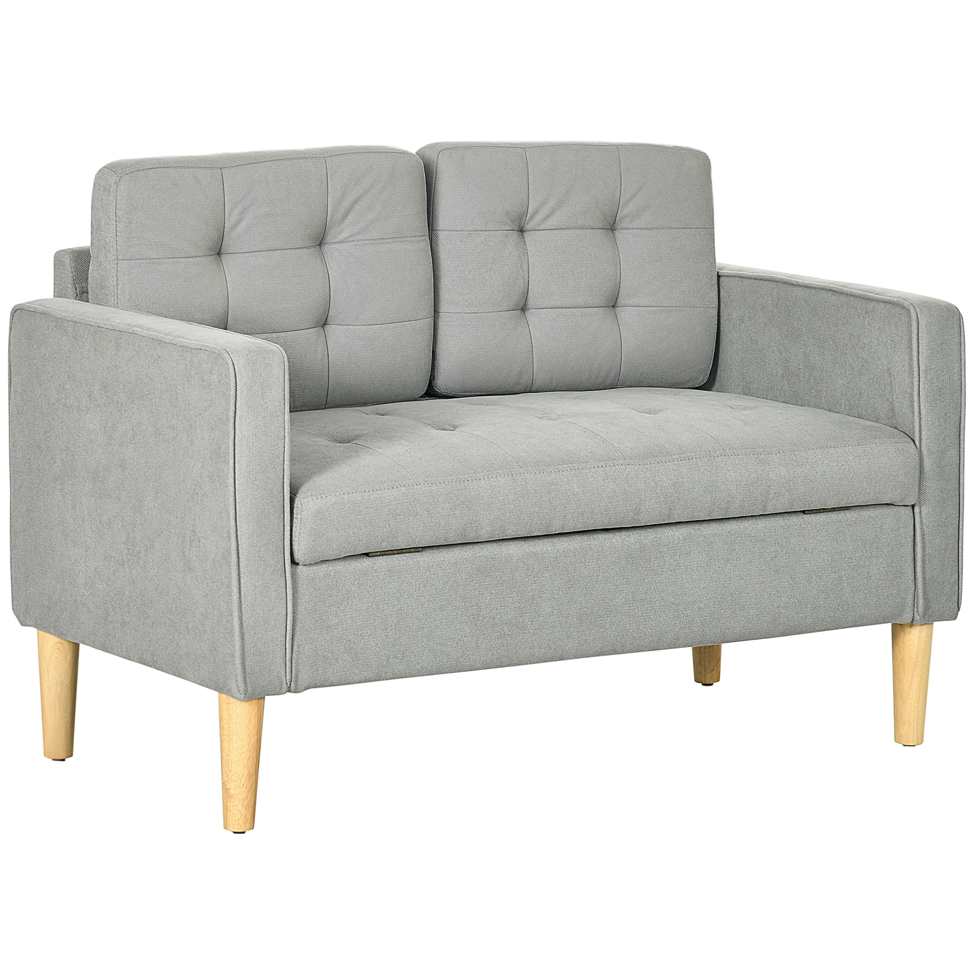 Modern 2 Seater Sofa with Hidden Storage, 117cm Tufted Cotton Couch, Compact Loveseat Sofa with Wood Legs, Light Grey - Life Essentials