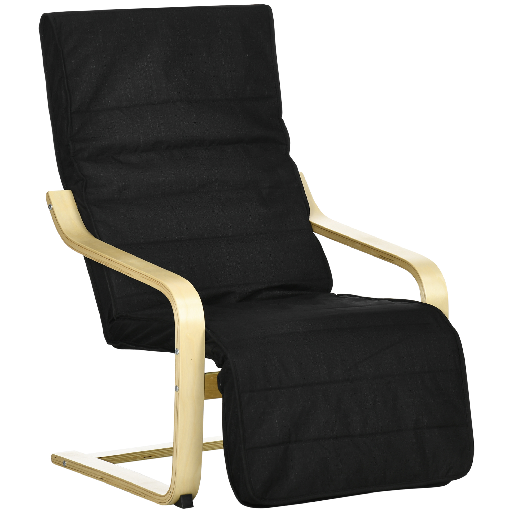 Wooden Lounging Chair Deck Relaxing Recliner Lounge Seat with Adjustable Footrest & Removable Cushion, Black - Life Essentials