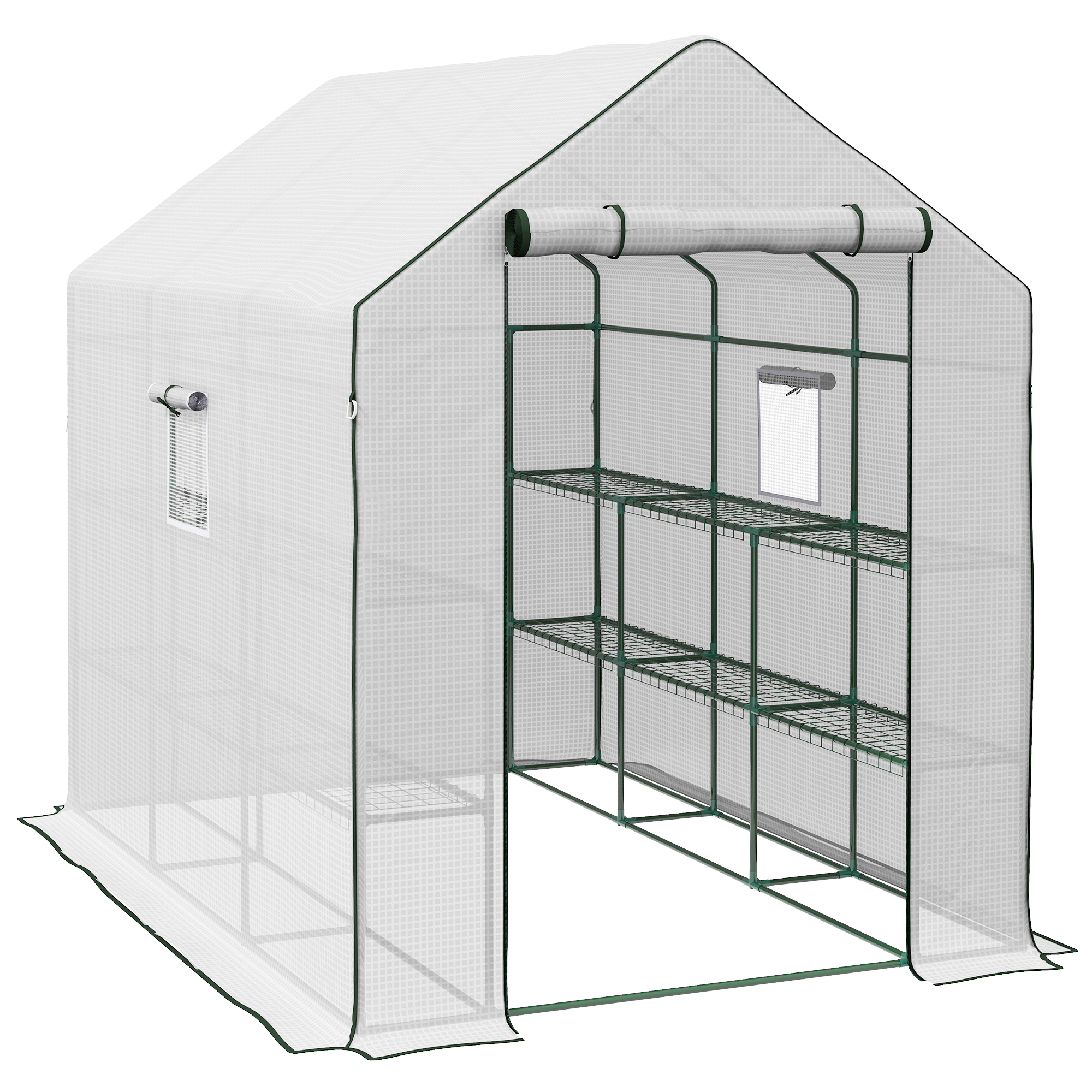 Walk-in Greenhouse w/ 3 Tier Shelves, Green House Garden Grow House w/ PE Cover, Roll-up Door, Mesh Windows, 140 x 213 x 190cm, White - Life 