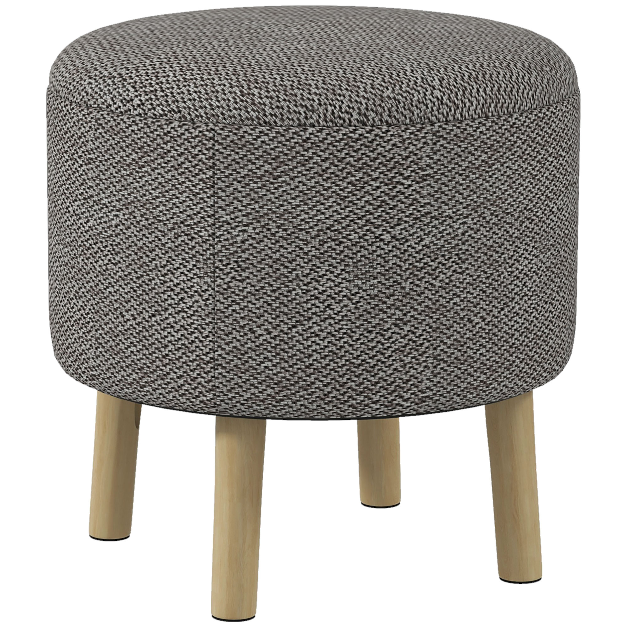 Round Ottoman Stool with Storage, Linen Fabric Upholstered Foot Stool with Padded Seat, Hidden Space and Wood Legs - Life Essentials