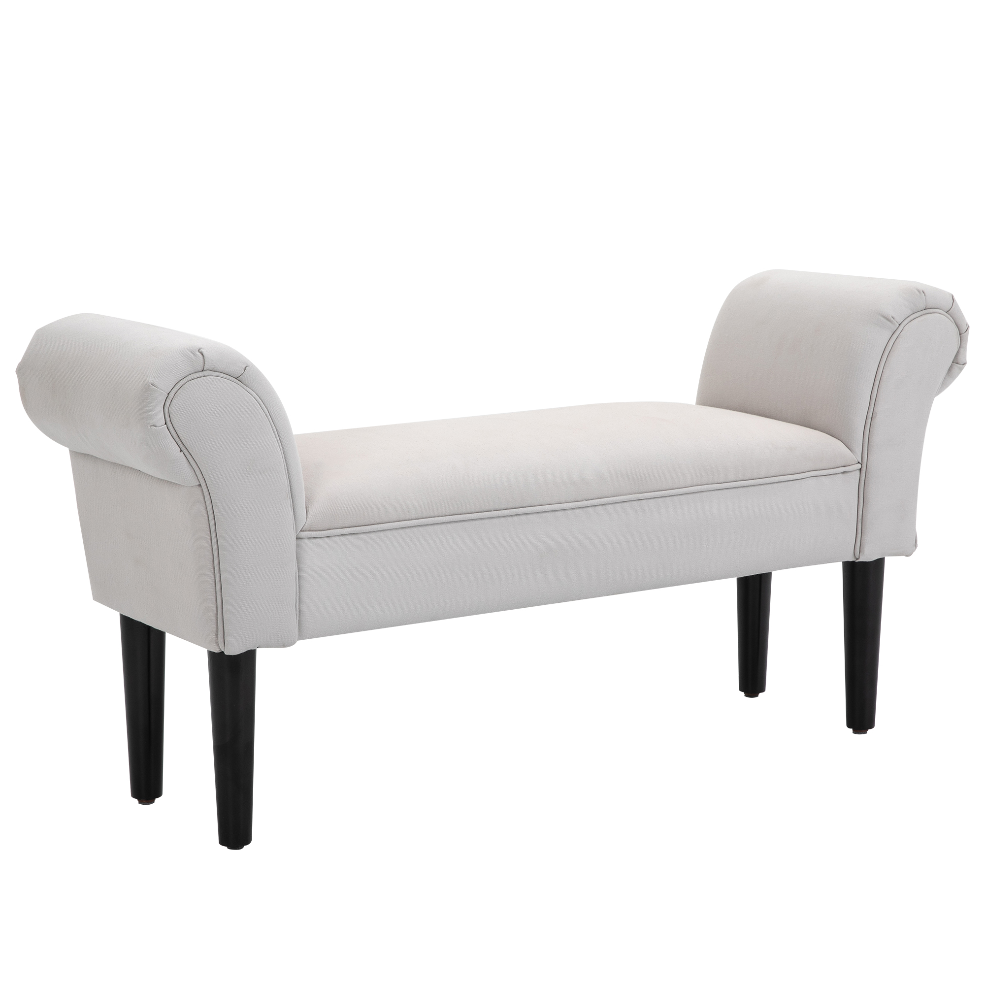 Small Linen Upholstered Ottoman Bench Rolled Arm End Chair, Wood Legs, Grey - Life Essentials