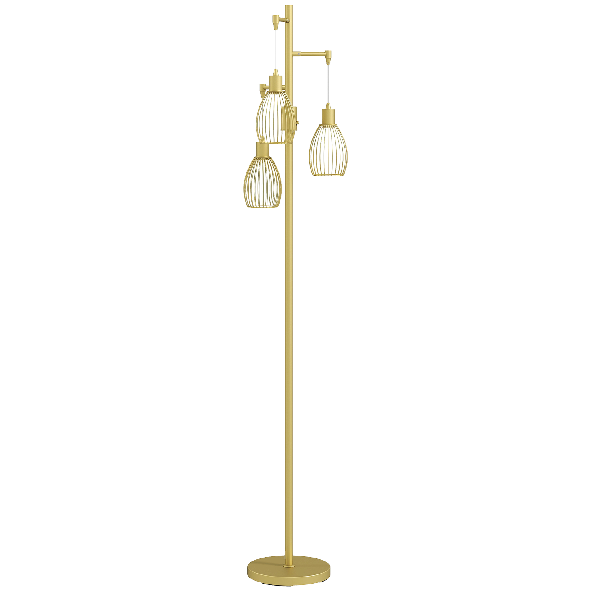 HERON 170cm Industrial 3-Light Floor Lamp, Dimmable Standing Lamp with Steel Lampshades for Living Room, Bedroom, Dinging Room, Study, Gold Tone - 