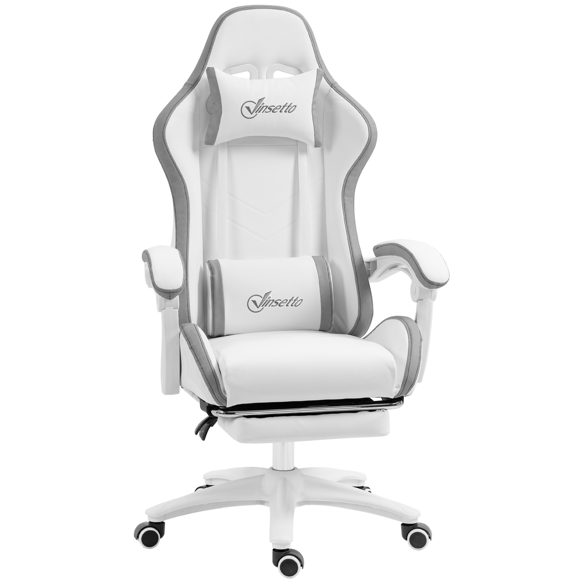 Preston PU Leather Racing Gaming Chair with Footrest Removable Headrest and Lumber Support - White and Grey - Life Essentials