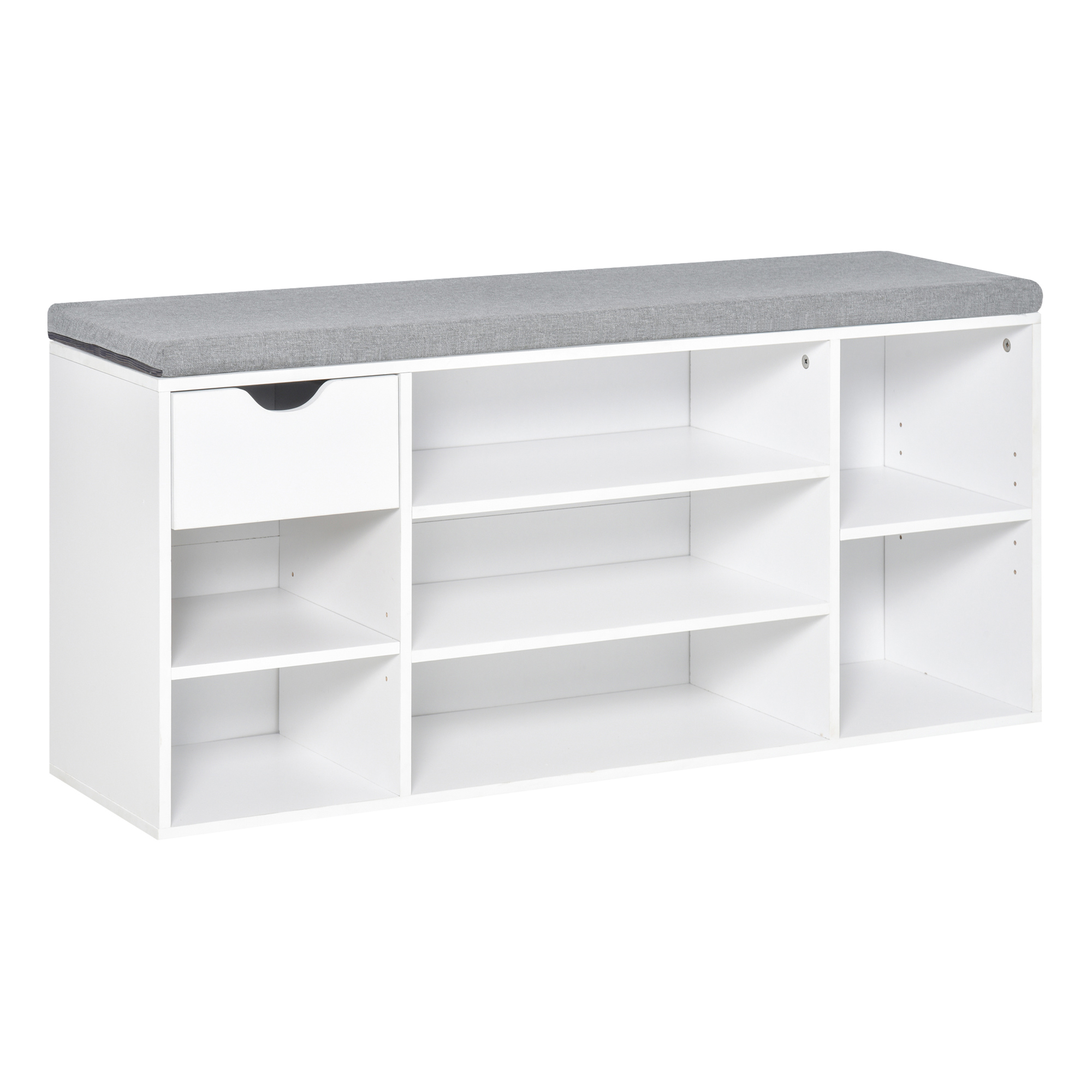ANWI Shoe Bench with Seat Cushion Shoe Storage Cabinet with 7 Compartments Drawer Adjustable Shelves for Entryway Hallway Living Room White and Grey -