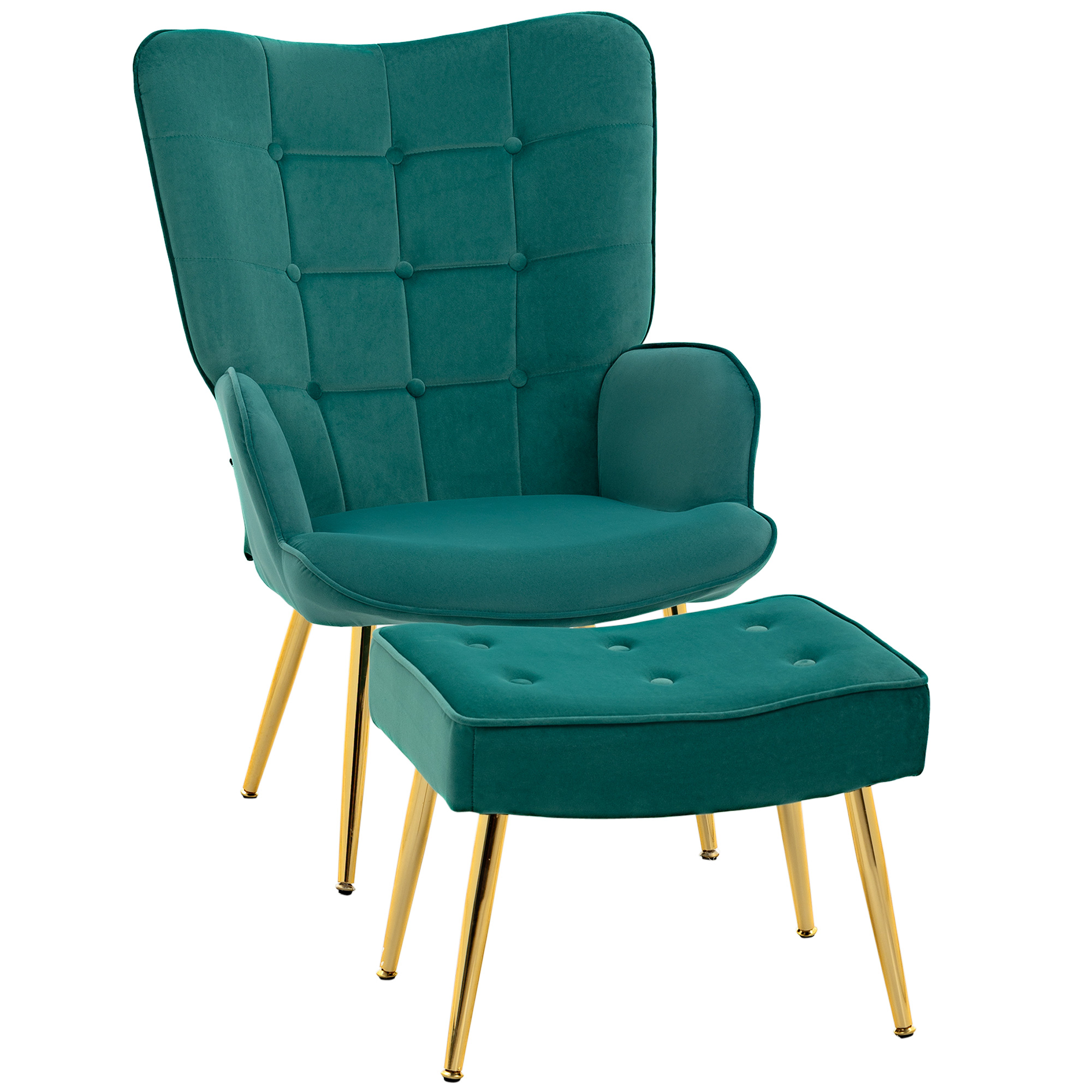 Upholstered Armchair w/ Footstool Set, Modern Button Tufted Accent Chair w/ Gold Tone Steel Legs, Wingback Chair, Dark Green - Life Essentials
