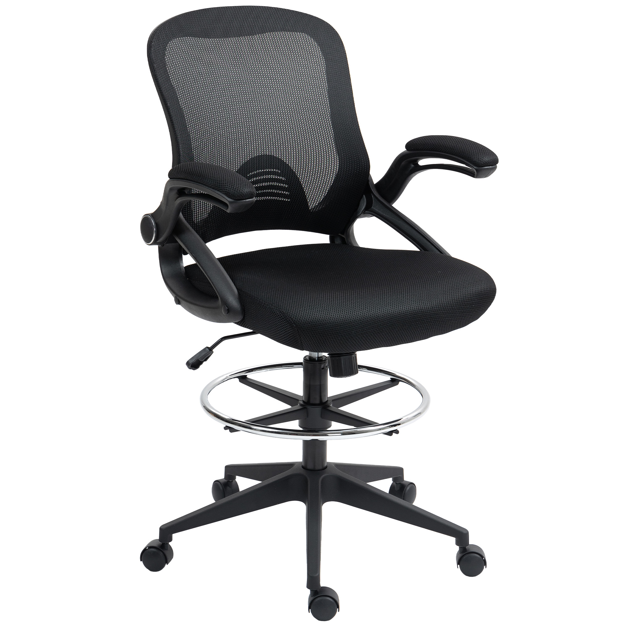 VONSETTA Drafting Chair with Flip-up Armrest, Mesh Office Stool with Foot Ring, 360degree Swivel Height Adjustable Chair for Standing Desk, Black - 