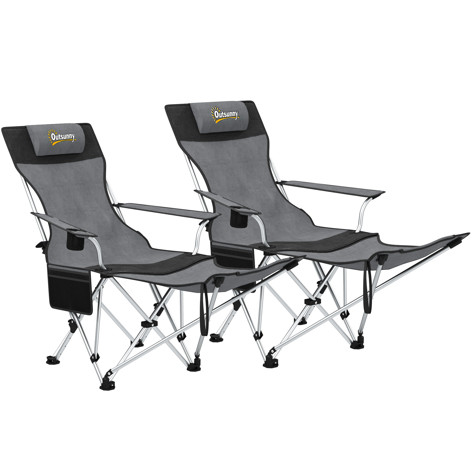 SUNVISTA Reclining Folding Camping Chairs Set of 2, Footrest, Cup Holder & Storage Bag, Grey/Black - Life Essentials