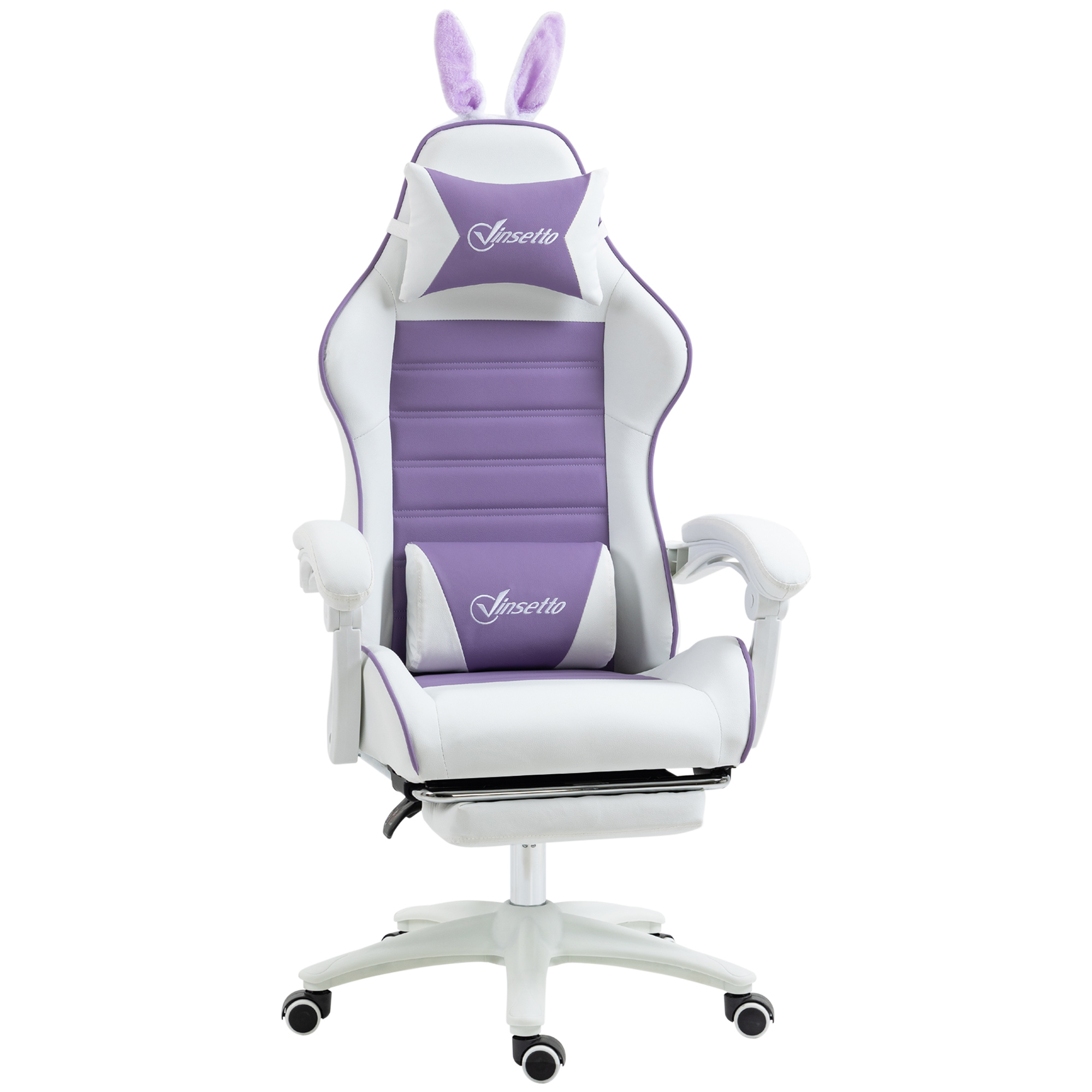 Racing Gaming Chair, Reclining PU Leather Computer Chair with Removable Rabbit Ears, Footrest, Headrest and Lumber Support, Purple - Life Essentials