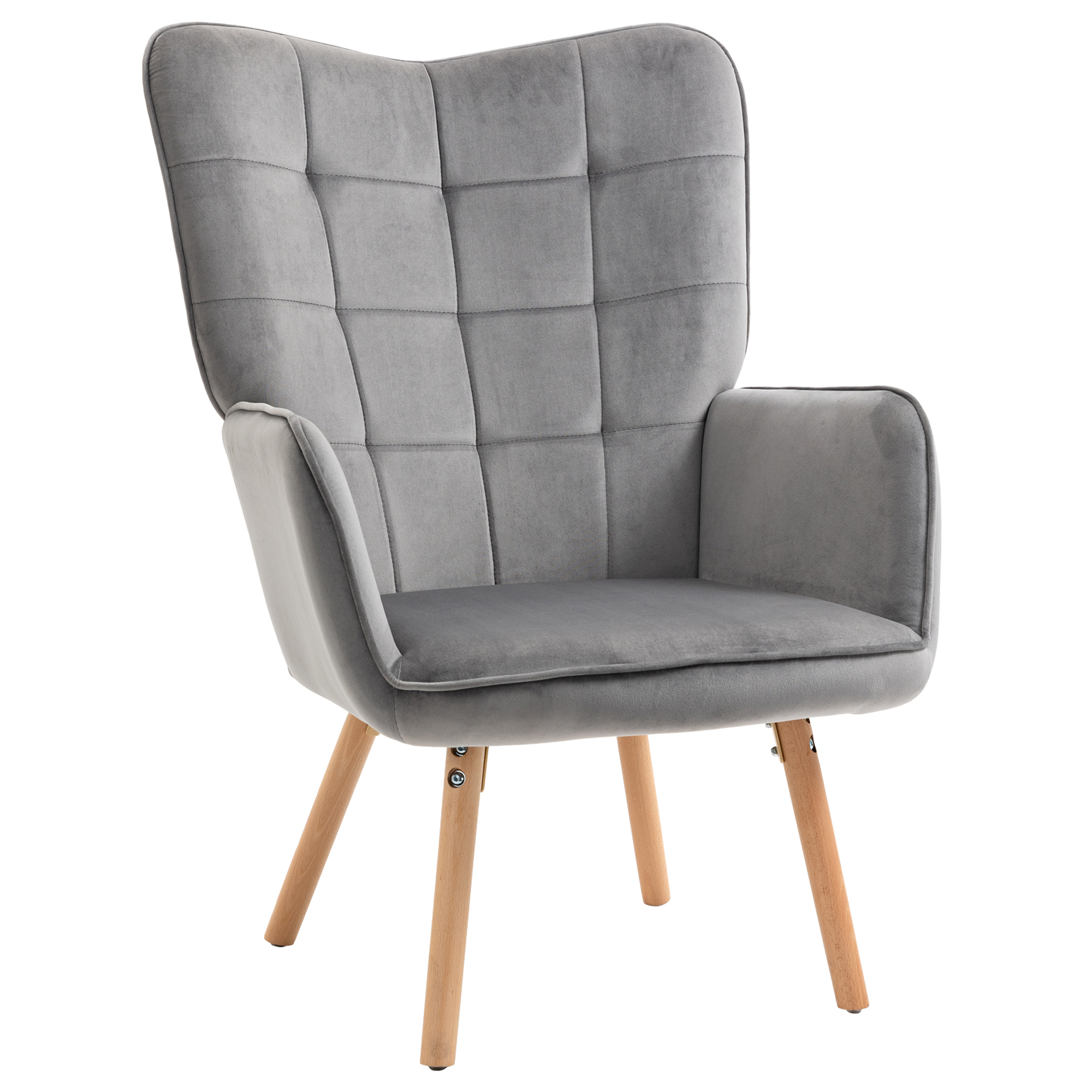 Modern Accent Chair Velvet-Touch Tufted Wingback Armchair Upholstered Leisure Lounge Sofa Club Chair with Wood Legs, Grey - Life Essentials