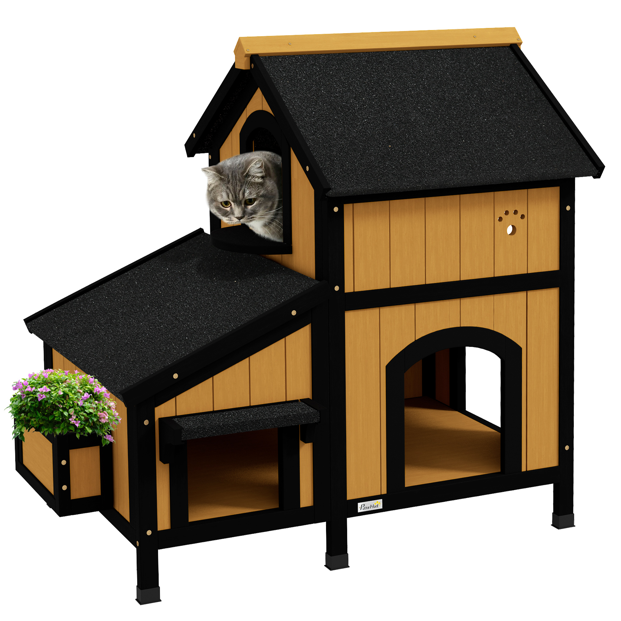 PAWSTER Wooden Cat House with Flower Pot, Windows, Multiple Entrances, Water-Resistant Roof for Outdoor - Yellow - Life Essentials