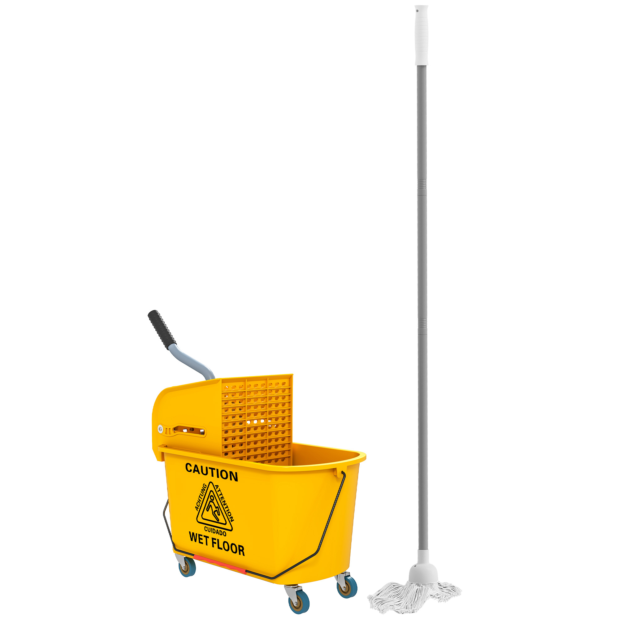 HERON Mop Bucket with Wringer Set on Wheels for Floor Cleaning, 20 Litre Side Press Wringer with Handle and Mop, Yellow - Life Essentials