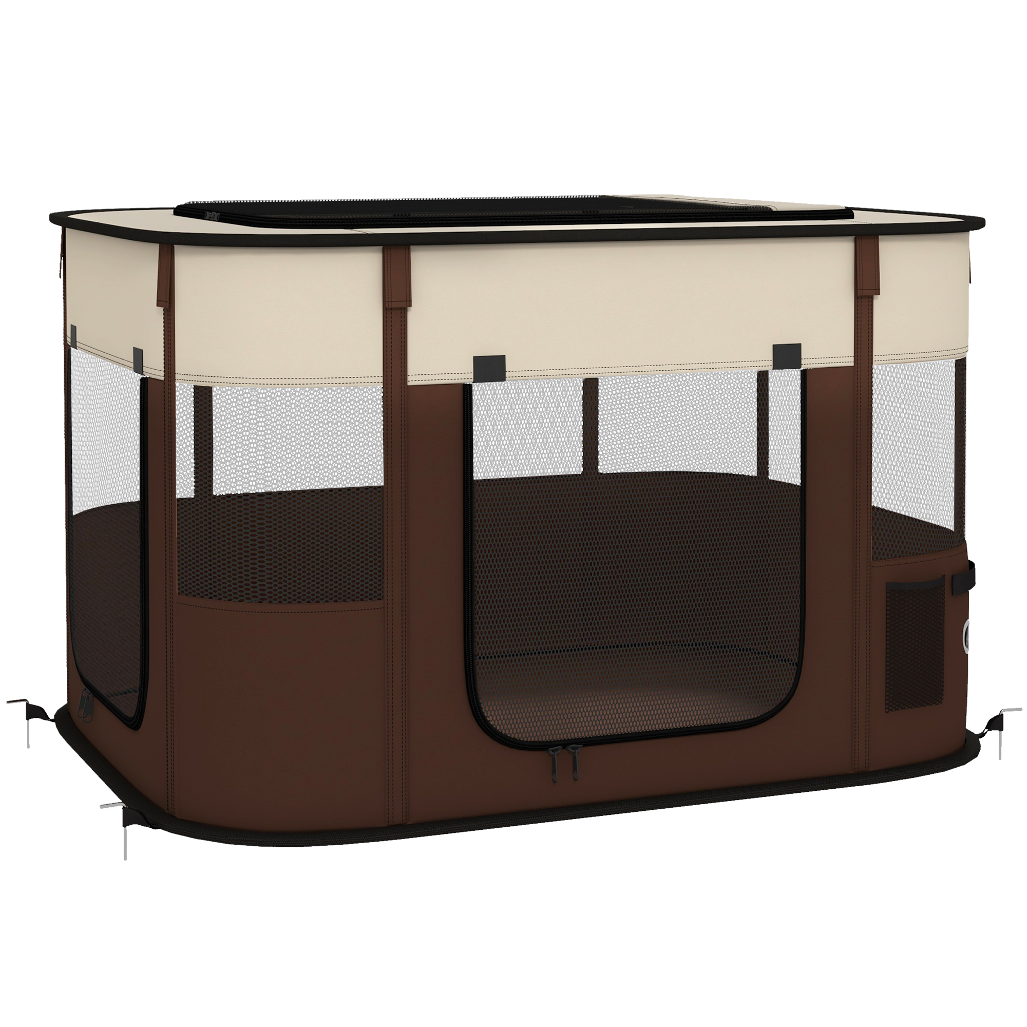 Shelley Oxford Fabric Foldable Dog Pen with Storage Bag 60H x 94L x 74Wcm - Brown - Life Essentials