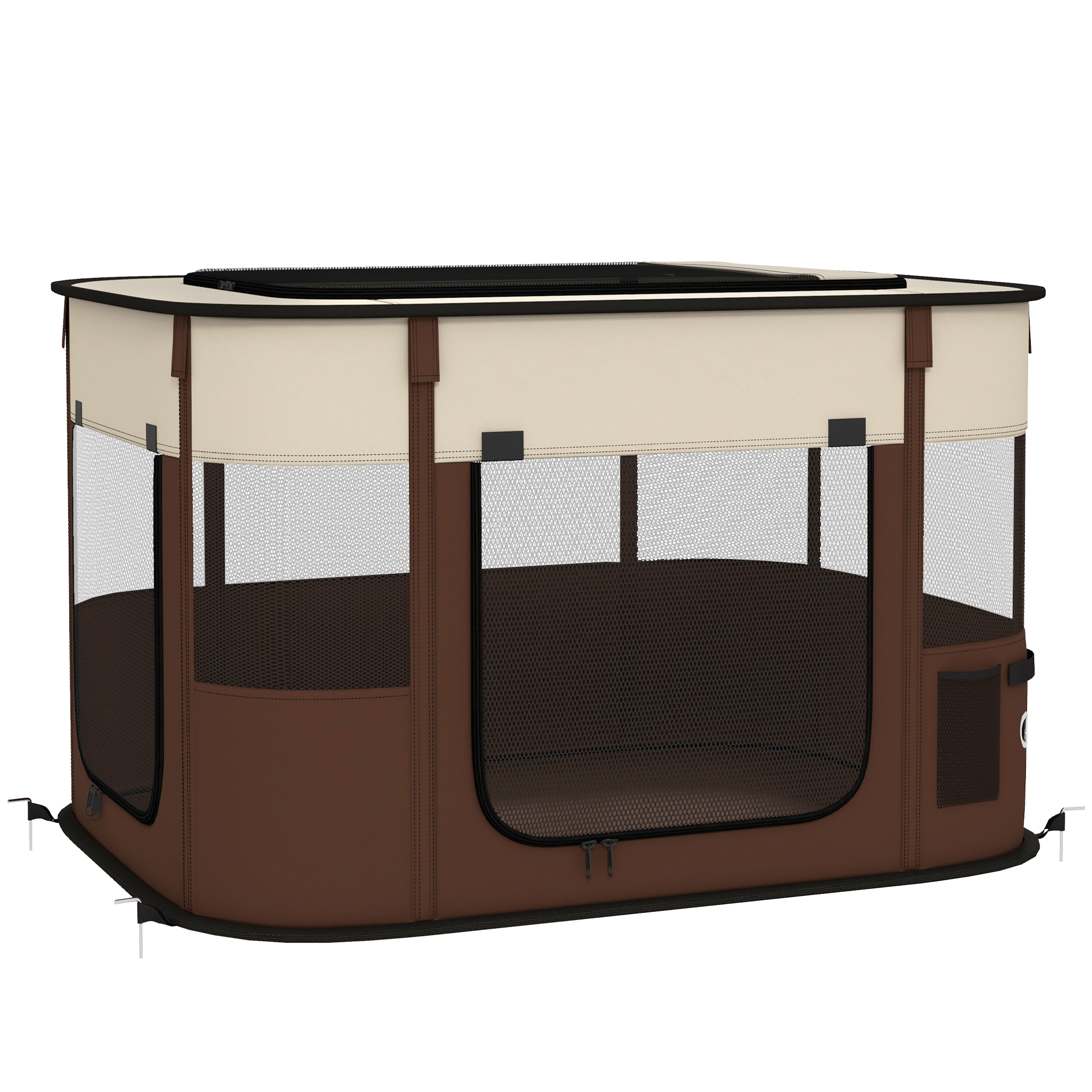 Shelley Oxford Fabric Foldable Dog Pen with Storage Bag 53H x 84L x 64Wcm - Brown - Life Essentials