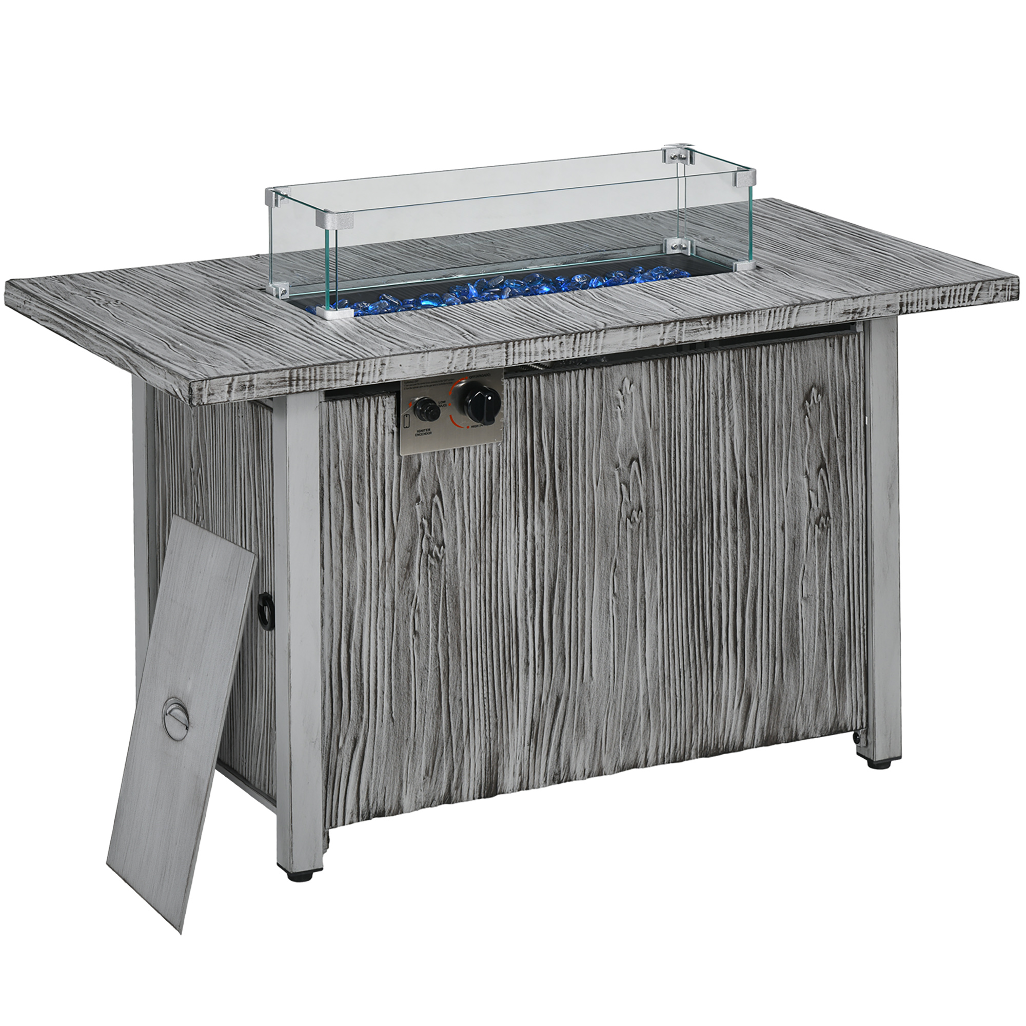 50,000 BTU Gas Fire Pit Table with Cover, Glass Screen and Glass Beads, Grey - Life Essentials
