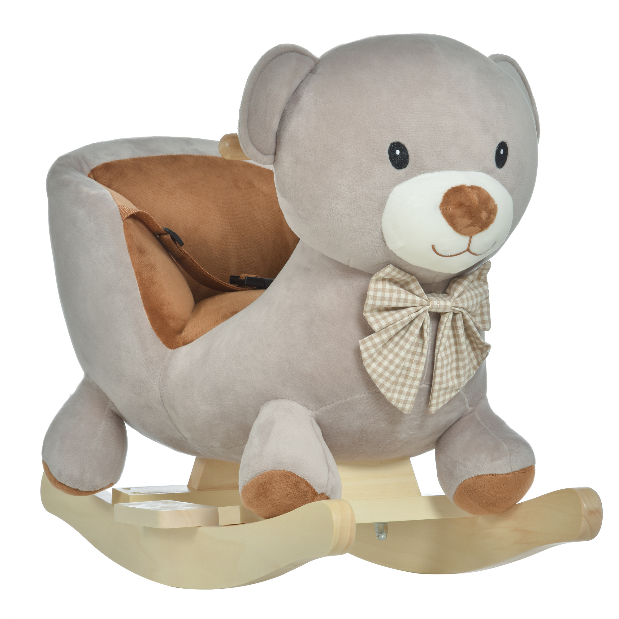 Kids Children Rocking Horse Plush Ride On Bear Seat w/ Sound Wood Base Seat Safety Belt Toddler Baby Toy Grey - Life Essentials