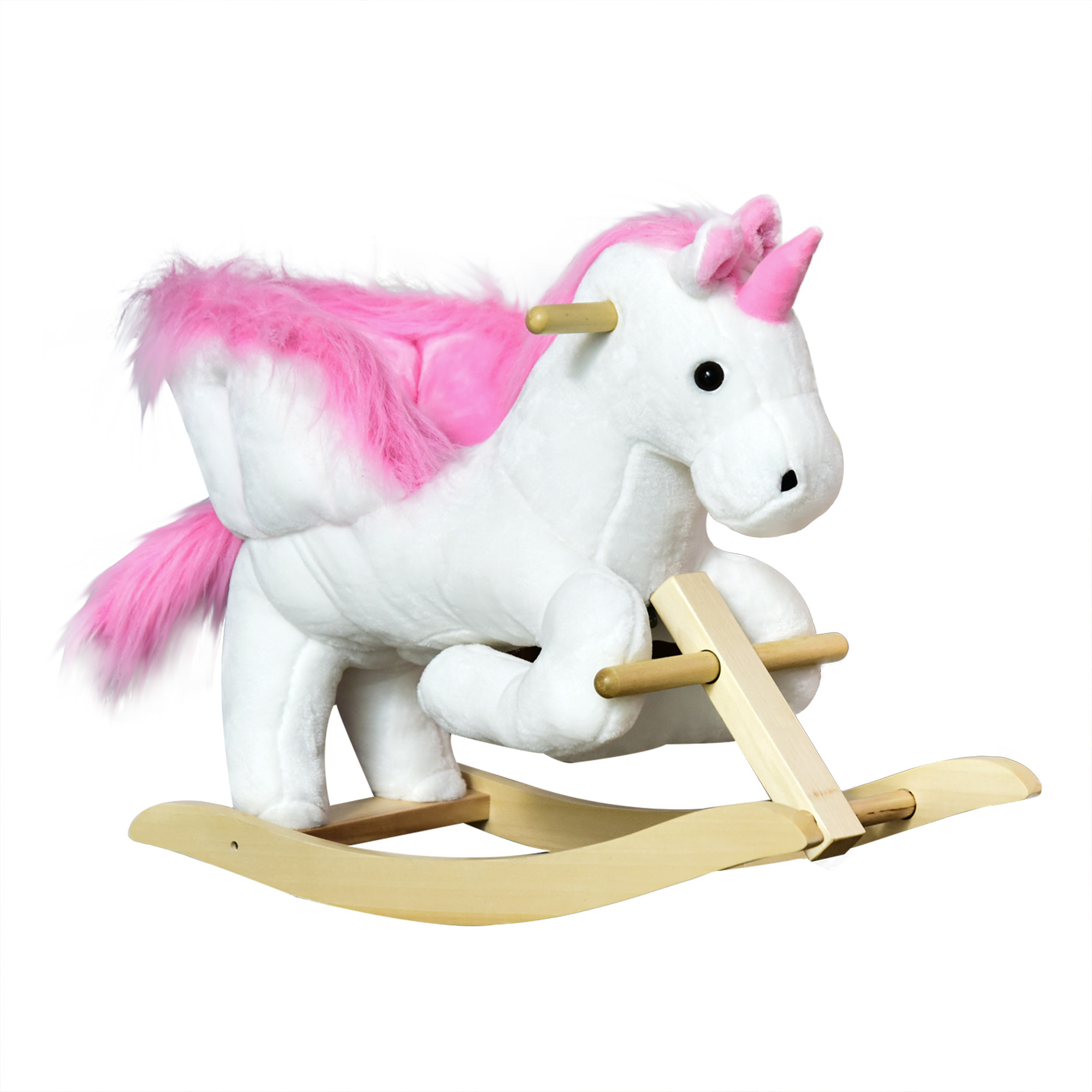 Unicorn Rocking Horse Kids Wooden Ride On Plush Toy with Music - Pink and White - Life Essentials