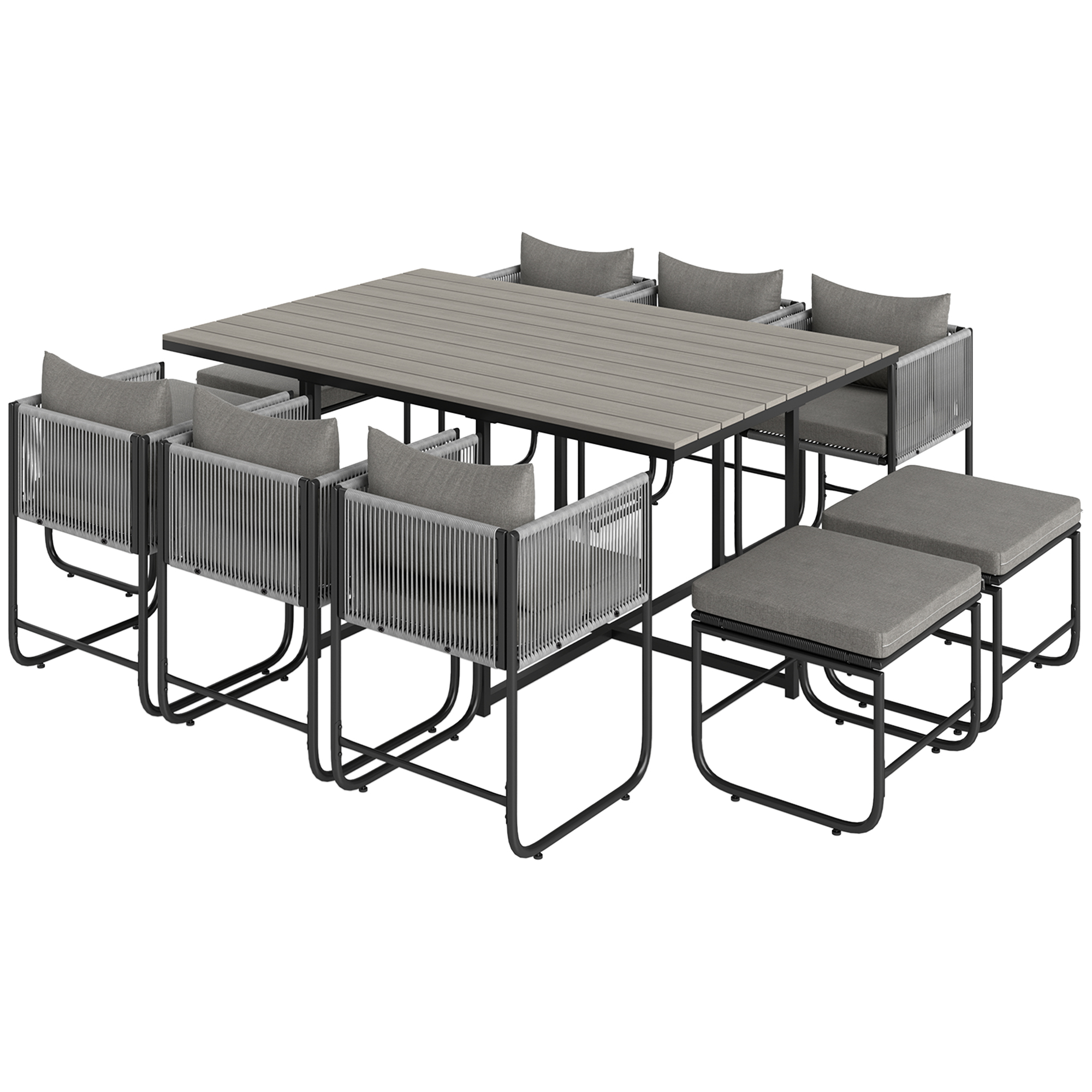 SUNVISTA 10-Seater Rattan Cube Dining Set, Outdoor Furniture with Cushions & Wood Grain Table, Grey - Life Essentials