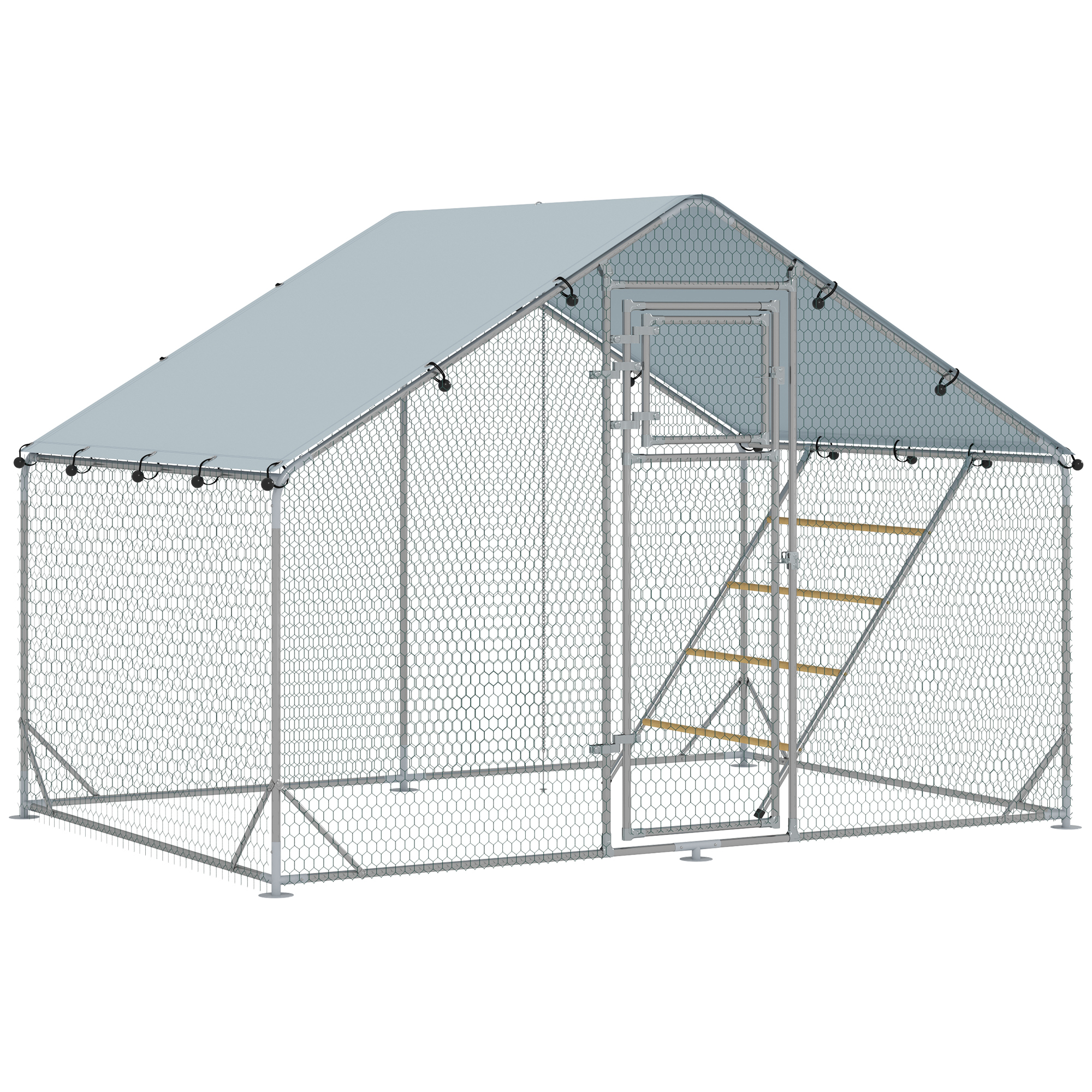 PAWSTER Walk in Chicken Run w/ Cover, Feeding Door, Hanging Feeder, Perch, for 6-8 Poultry - Life Essentials