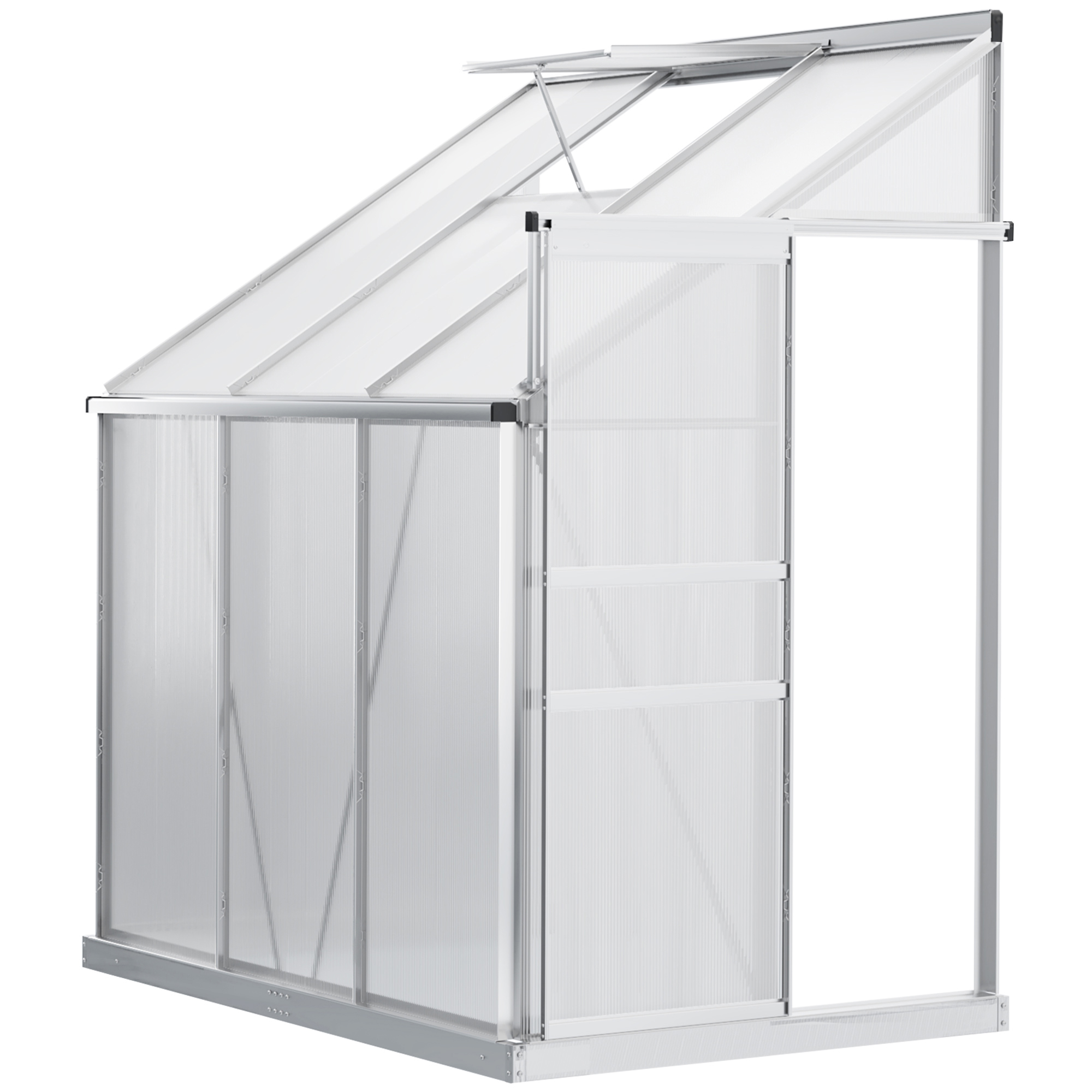 Walk-In Greenhouse Lean to Wall Polycarbonate Garden Greenhouse with Adjustable Roof Vent, Rain Gutter and Sliding Door, 6 x 4 ft - Life Essentials