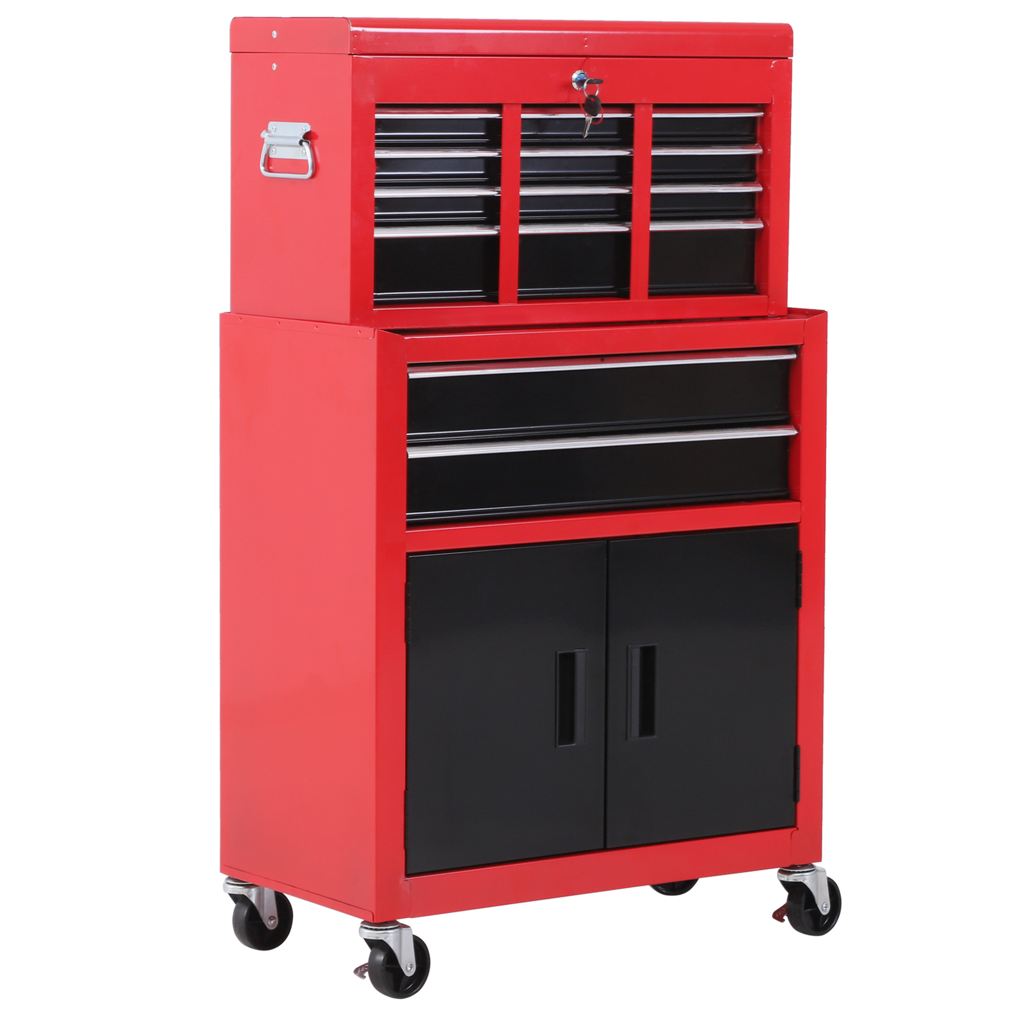 Tool Chest, Metal Tool Cabinet on Wheels with 6 Drawers, Pegboard, Top Chest and Roller Cabinet Combo, 61.6 x 33 x 108cm, Red - Life Essentials