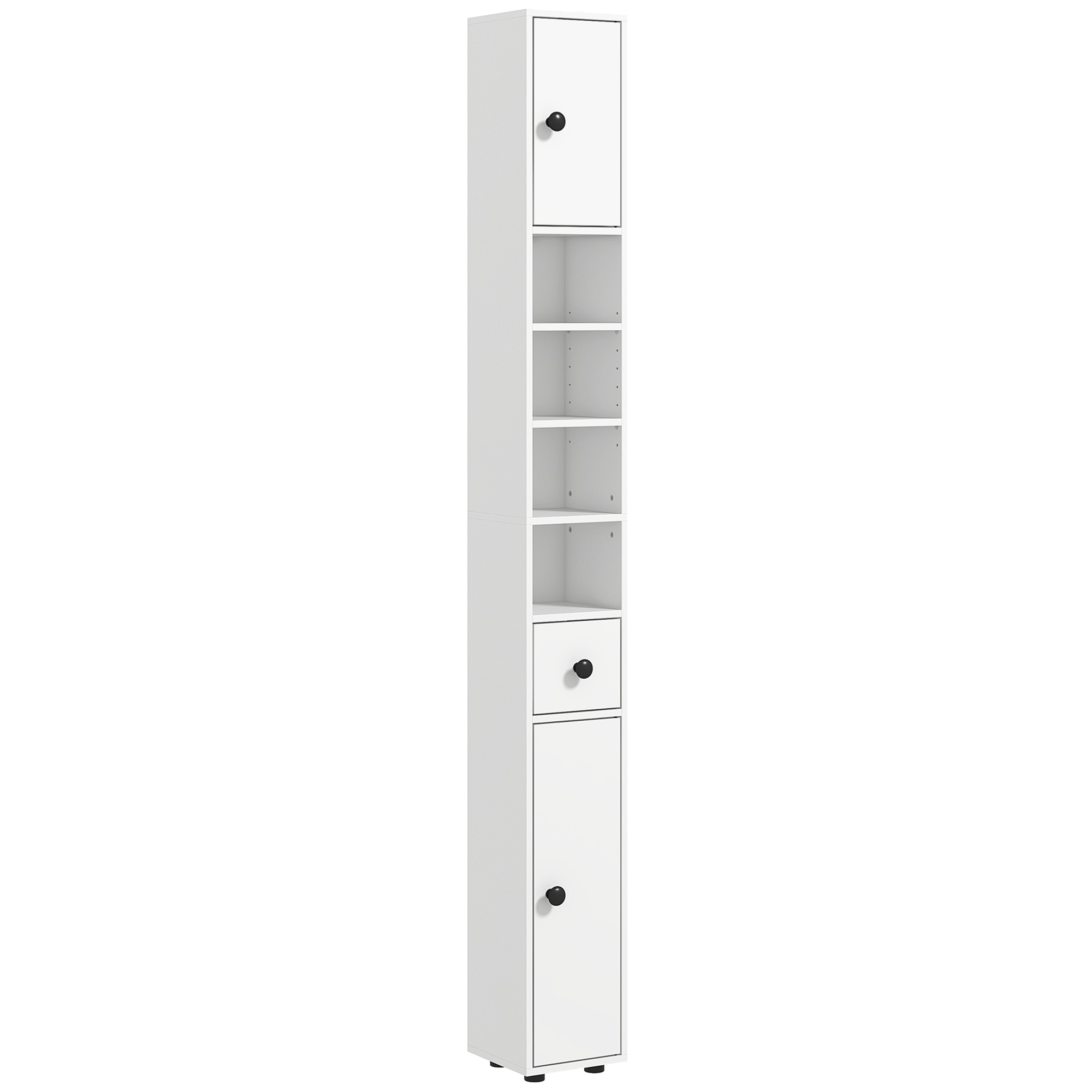 Kleankin 180cm Tall Slim Bathroom Cabinet, Narrow Toilet Roll Storage w/ Open Shelves, 2 Door Cabinets, Adjustable Shelves, for Kitchen, White - Life 